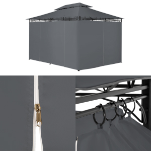 Rendus architecturaux 3D gris montrant différents angles de ce qui semble être un pavillon moderne ou une structure couverte avec des éléments de conception angulaires et des poutres de support.