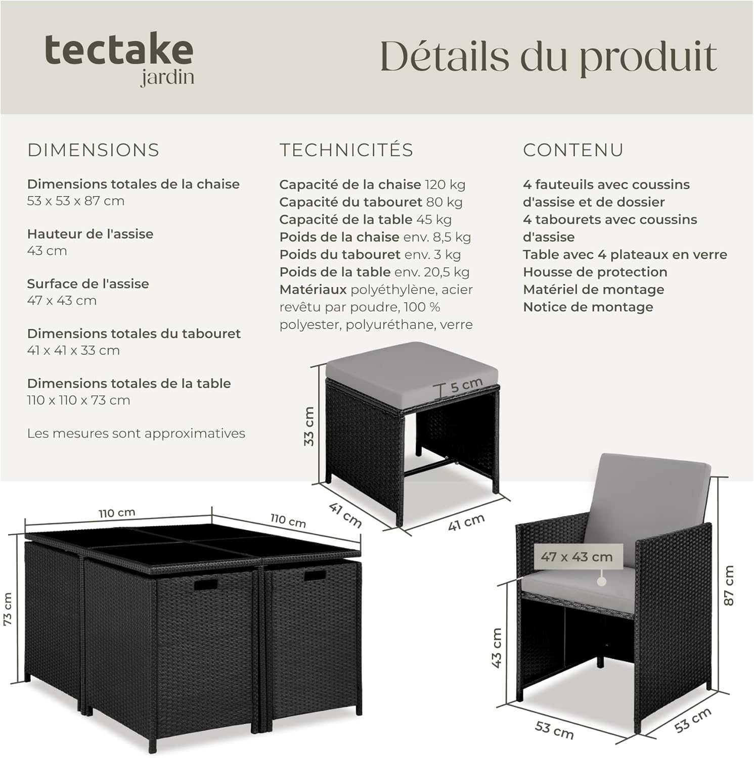 tectake - Salon de jardin Poly Rotin - table, 4 chaises, housse - dimensions compactes - NOIR/GRIS