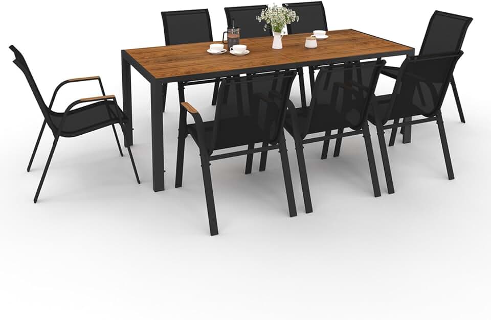 IDMarket - Noumea - Table 190 cm et 8 chaises empilables, plateau verre effet bois