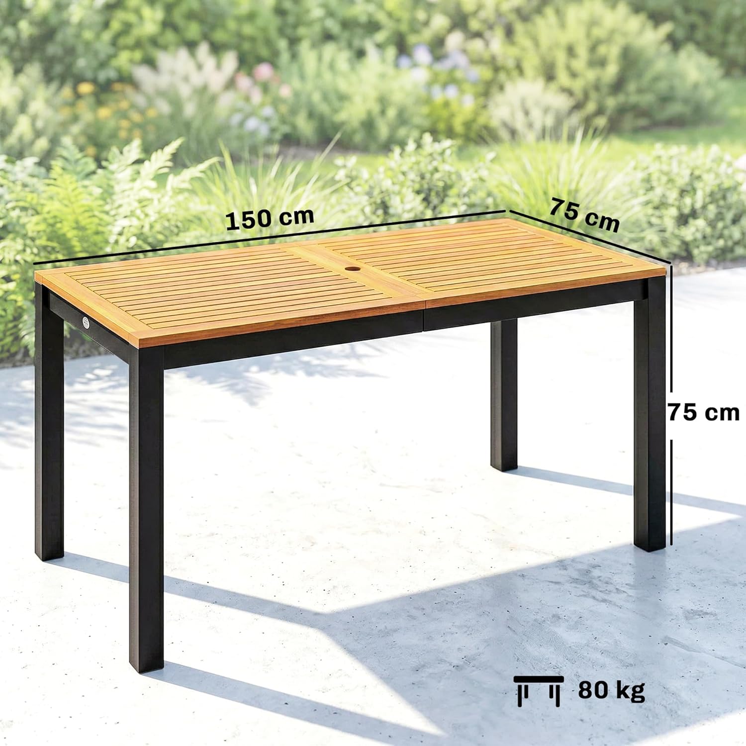 Outsunny - Table de jardin rectangulaire 150x75x75 cm - bois acacia, 6 places, trou parasol, 80 kg