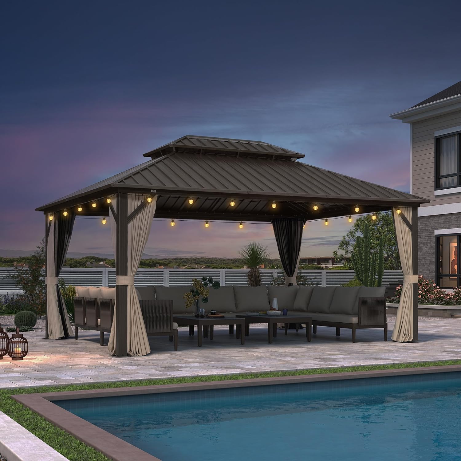 PURPLE LEAF - Pergola Toit Rigide - 4,85x3,65m - Aluminium, Rideaux, Guirlande