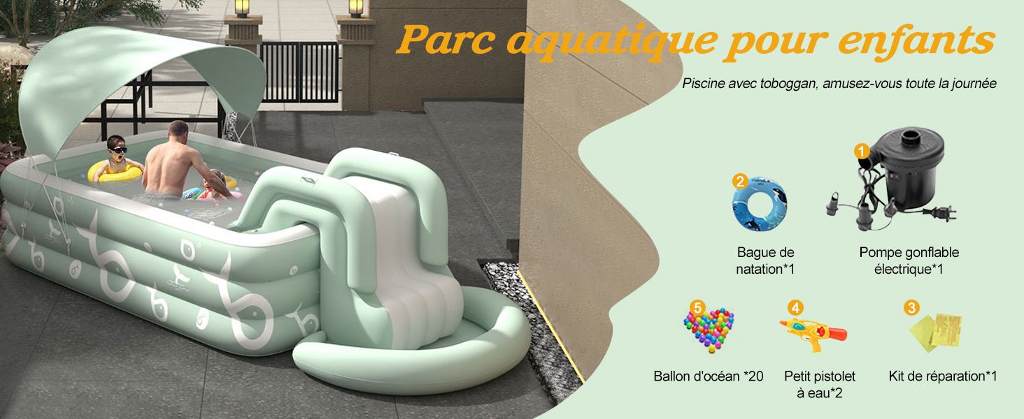 Aire de jeux aquatiques extérieure gonflable pour enfants avec un toboggan vert menthe au design ondulé, une petite piscine et un jet d'eau. Comprend des accessoires tels que des jouets gonflables et une pompe.