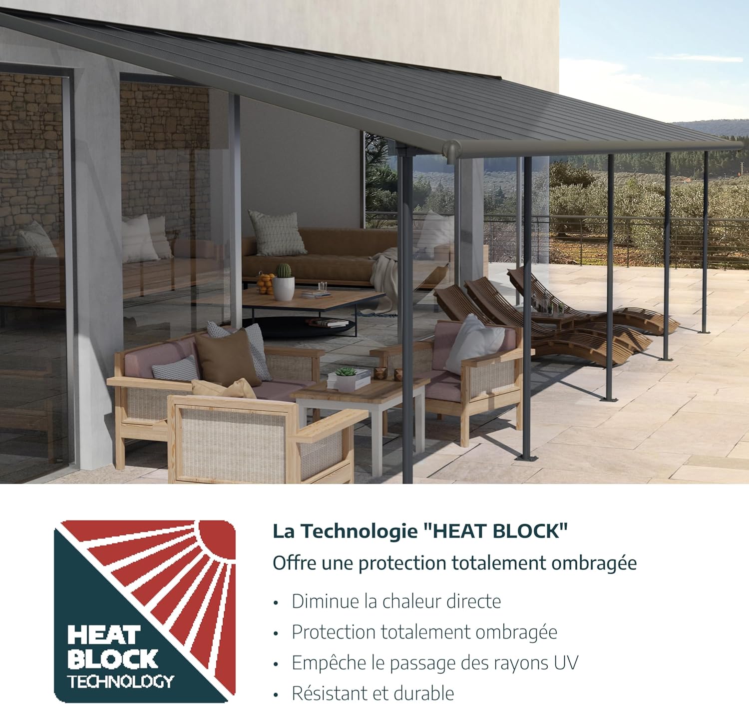 Palram - Capri série - 3x7m pergola adossée alu/polycarbonate, 21.8m², garantie 7 ans