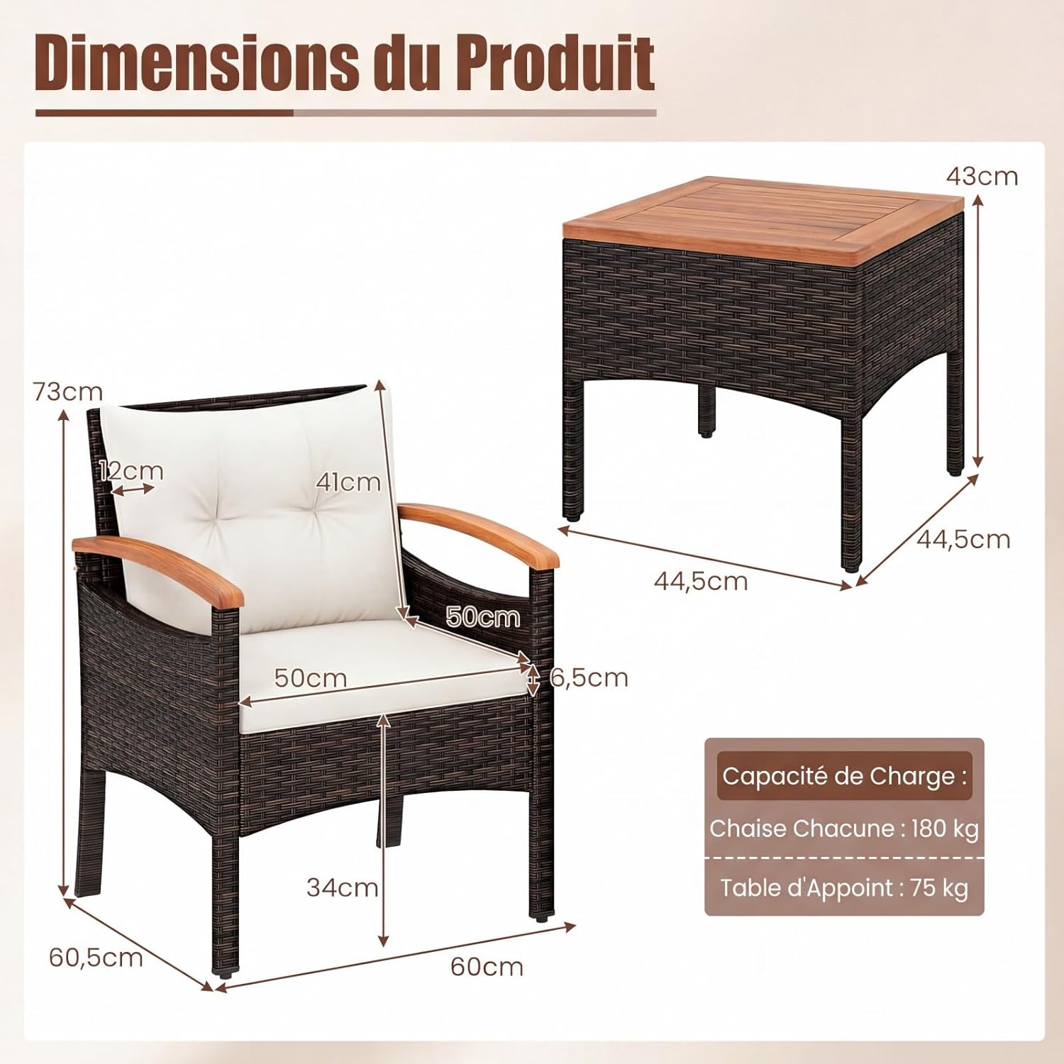 COSTWAY - salon de jardin 3 pièces - rotin PE, coussins amovibles, table en bois d'acacia