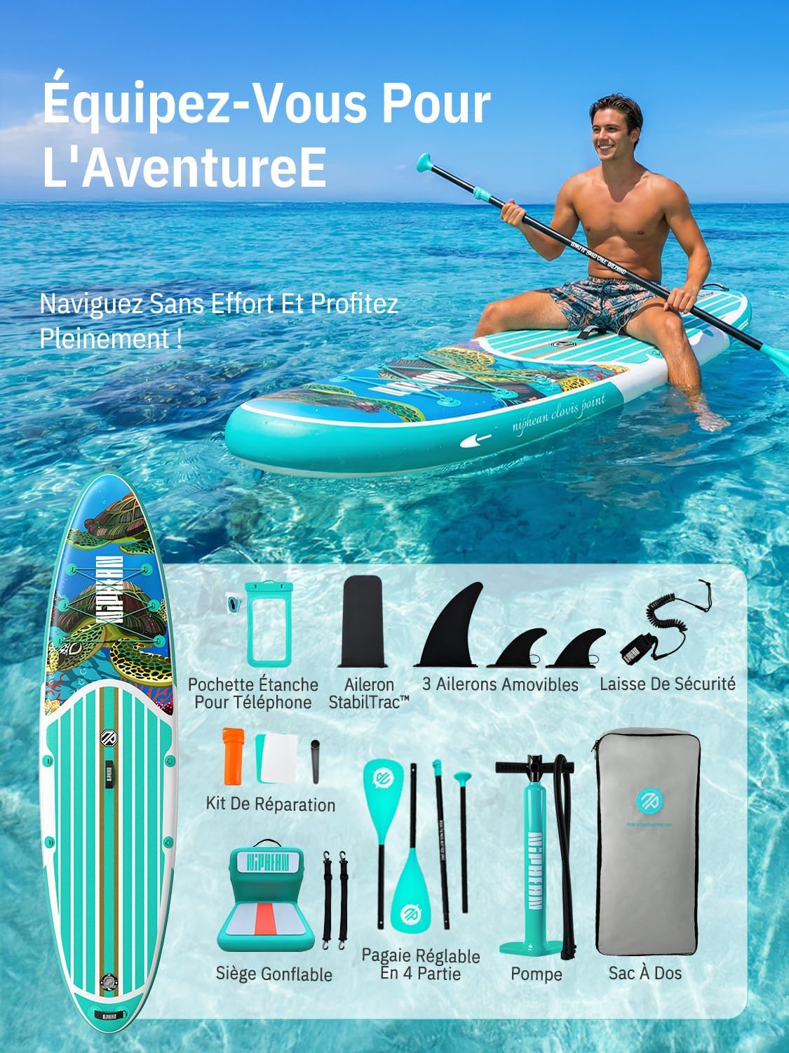 Niphean - Paddle gonflable adulte 320cm, 200kg, 2 pers, siège