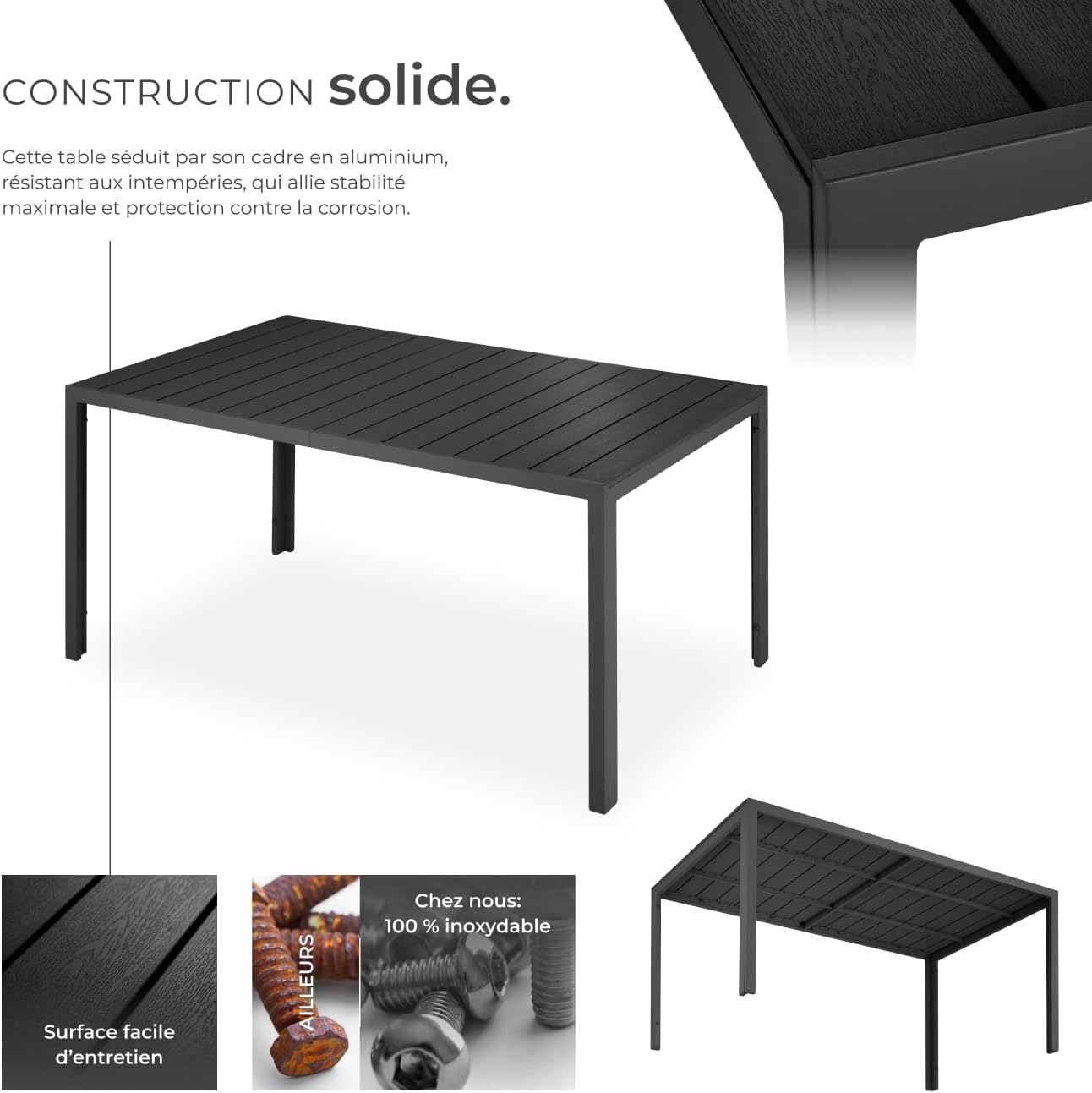 tectake - Table à manger aluminium bois 150x90x74,5 cm, réglable, anti-intempéries