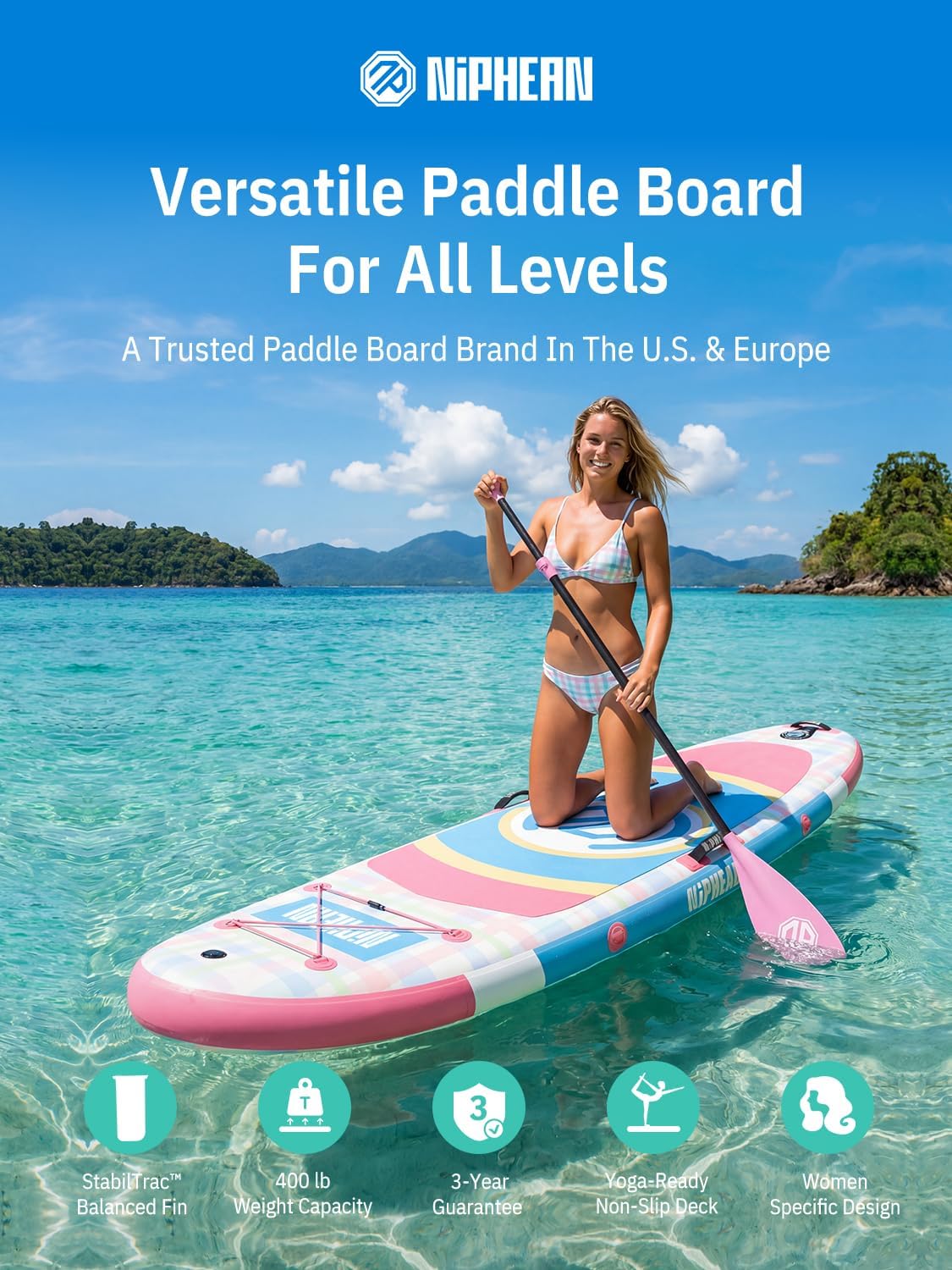 Niphean - Paddle gonflable adulte, ultraléger, siège, +30% stabilité, antidérapant, yoga, animaux
