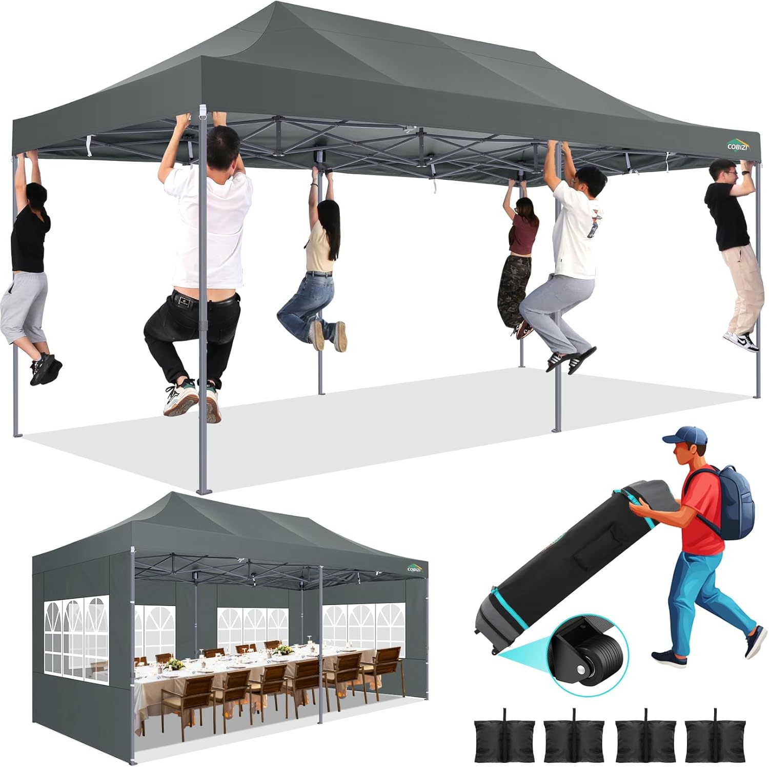 COBIZI - Tente de Réception 3x6m avec 6 Parois L. - Imperméable, 3 Hauteurs - Sac à roulettes - BZ-036