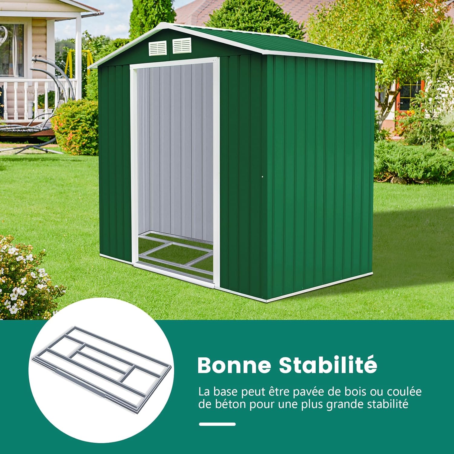 COSTWAY Abri de Jardin Métal Extérieur 2.7㎡ Acier Galvanisé avec Fondation, Toit Penché, 4 Persiennes, Double Porte Coulissante, Cabane Jardin Exterieur avec Rampe, pour Vélo, Poubelle, 213x127x185CM