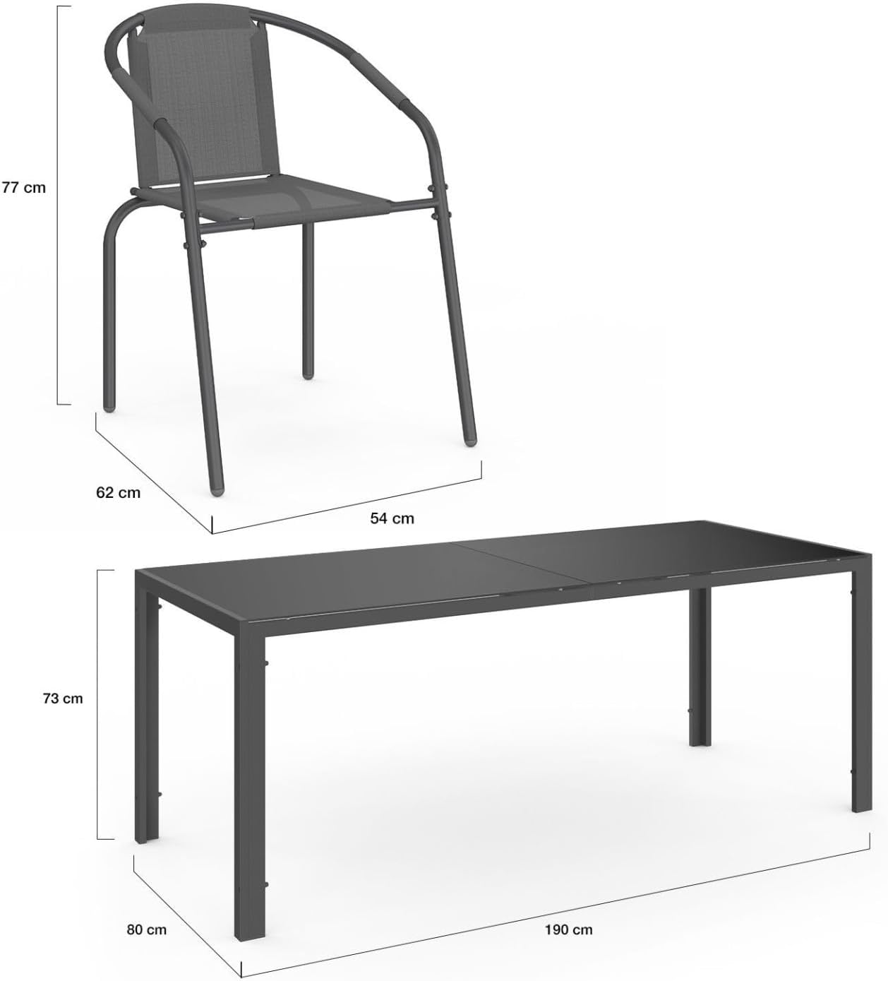 IDMarket - Salon Thelma - table 190 cm + 8 chaises empilables - gris anthracite