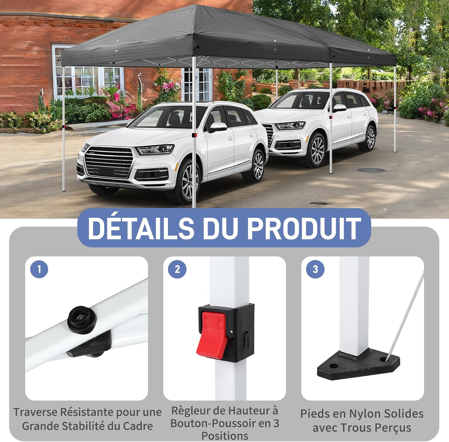 LEADZM Tonnelle Pliable 3x6 m Imperméable Anti-UV 50+, Hauteur Ajustable avec 6 Moustiquaires, Structure Stable, pour Jardin, Terrasse, Camping Et Usage Professionnel,Anthracite