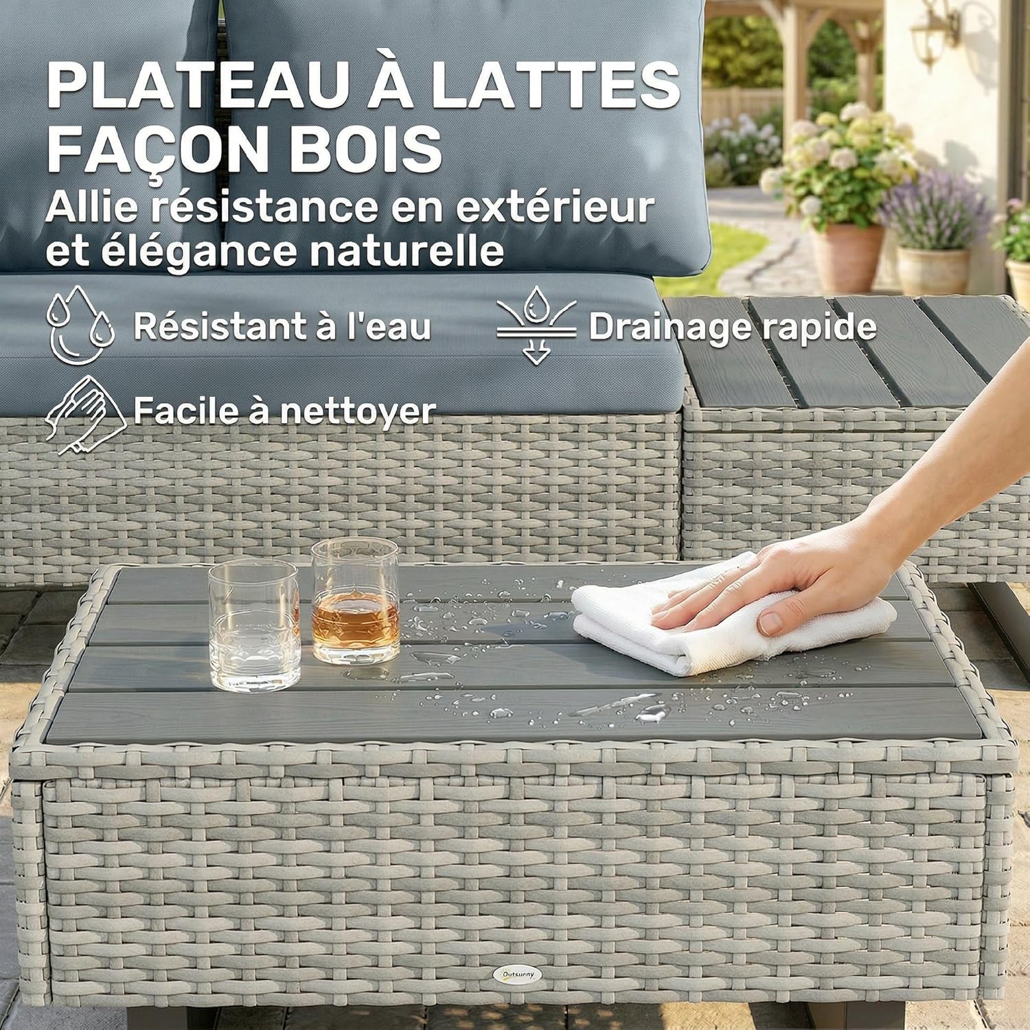 Outsunny - Salon de jardin d'angle 5 places, résine tressée, table composite, méridienne réglable,