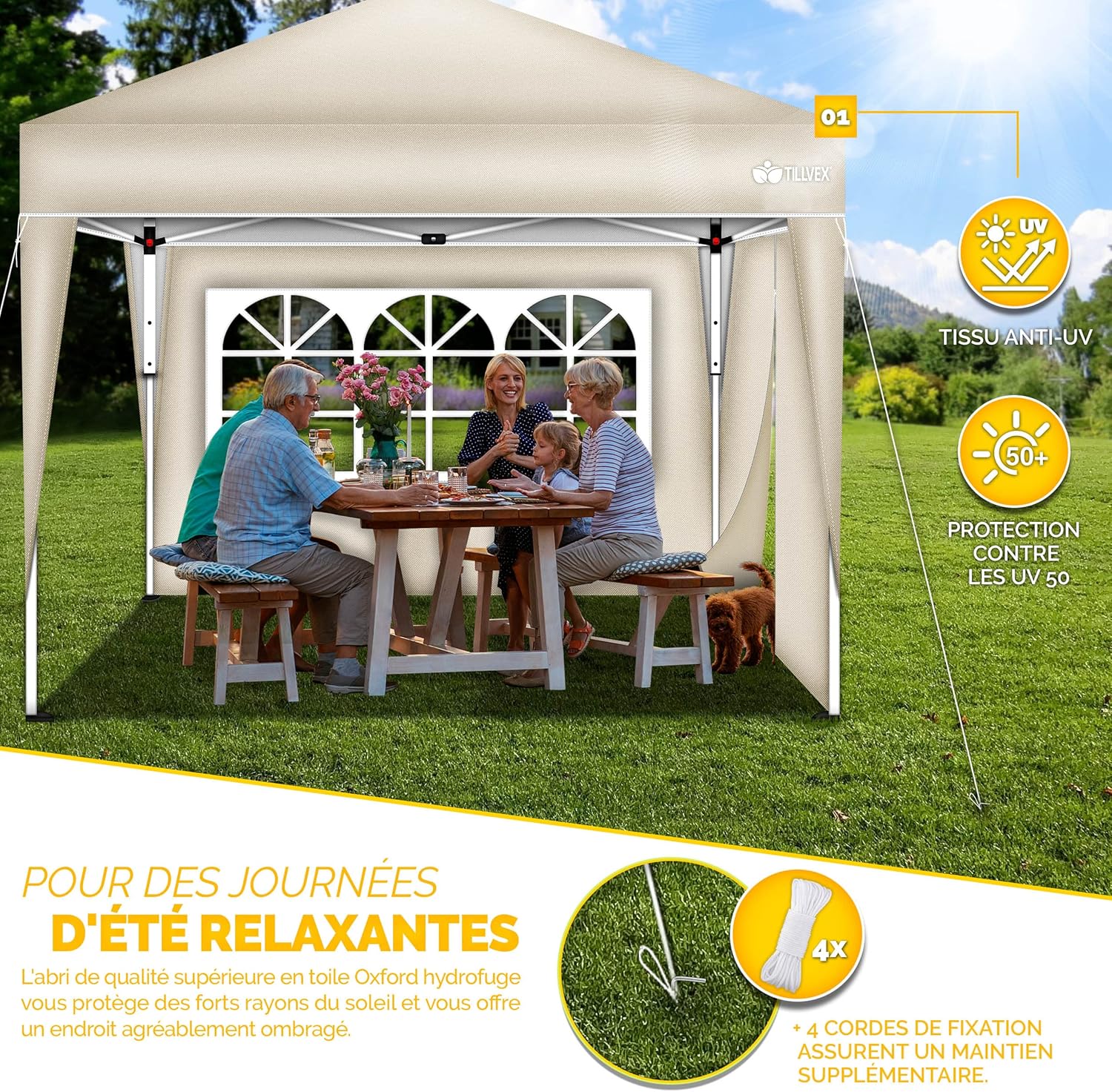 tillvex - Tonnelle de jardin pliante - 3x3m - 2 côtés, hauteur réglable, UV50+, sac inclus