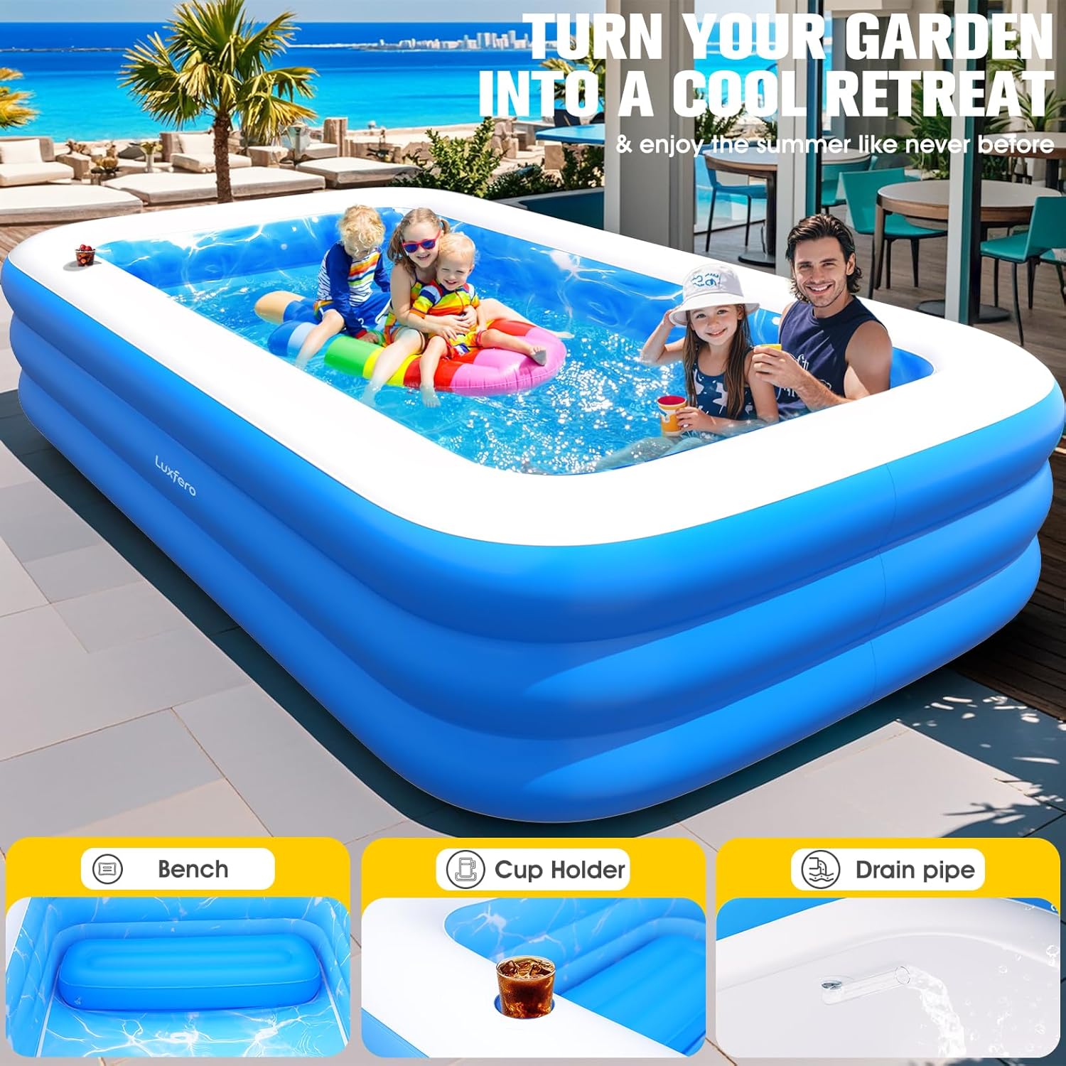 Luxfero – Piscine Gonflable avec siège, 280x160x50 cm, lumières, 1400L