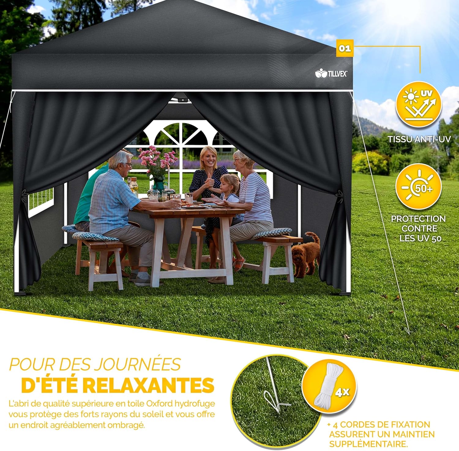 Tillvex - Tonnelle pliante 3x3m - Réglable, UV50+, sac inclus