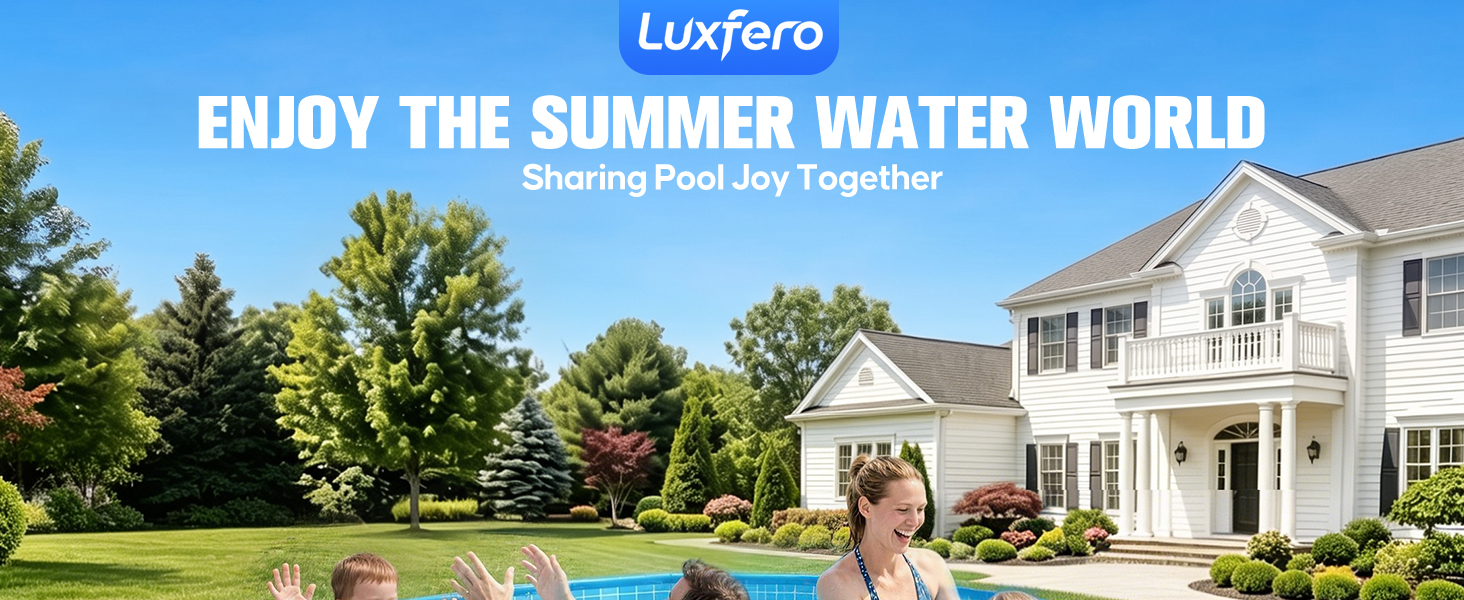 Le texte indique « Luxfero ENJOY THE SUMMER WATER WORLD » avec un slogan. Image promotionnelle mettant en vedette une maison de luxe avec piscine, pelouse bien entretenue et aménagement paysager par temps ensoleillé.