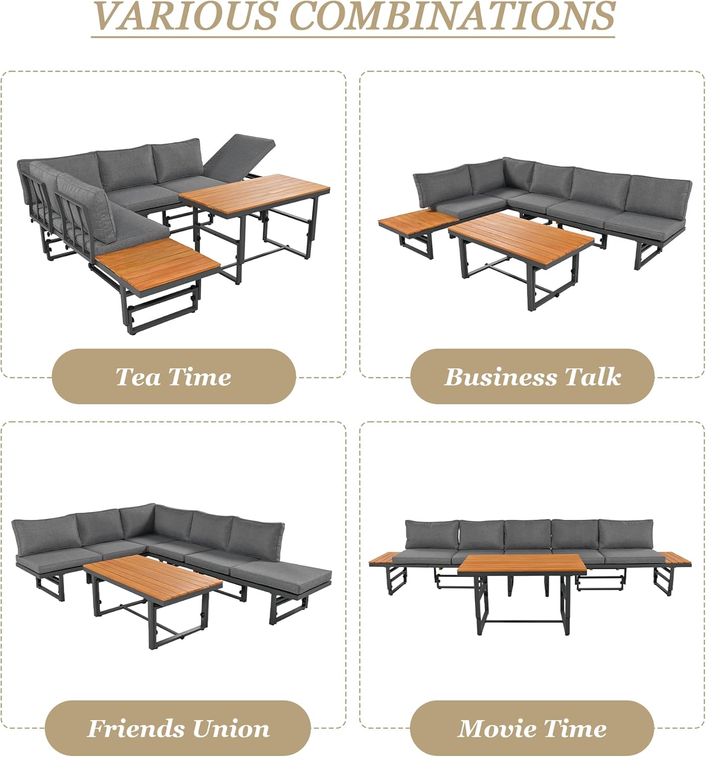 Sapgaks - Ensemble de jardin 6 places, fer, acacia, dossier réglable, table modulable, gris