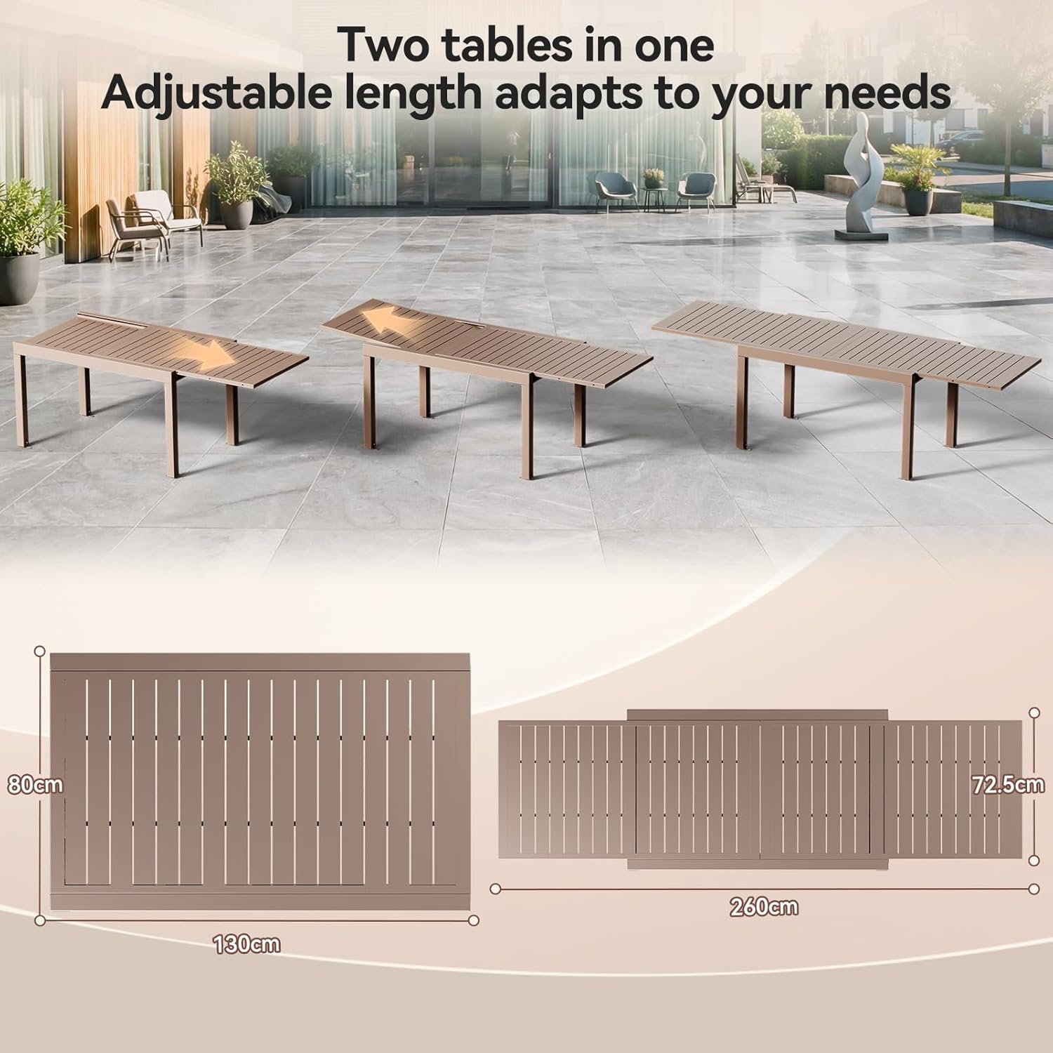 JUMMICO - table extensible - 260x80cm - aluminium, 6-10 pers., résistante intempéries