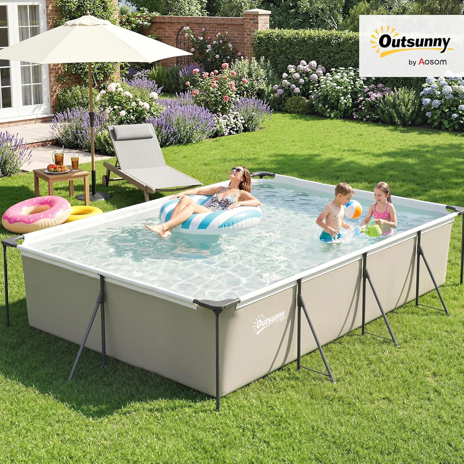 Outsunny - Piscine tubulaire familiale 394x208x80cm, PVC triple couche, structure stable, facile à monter - 6075L