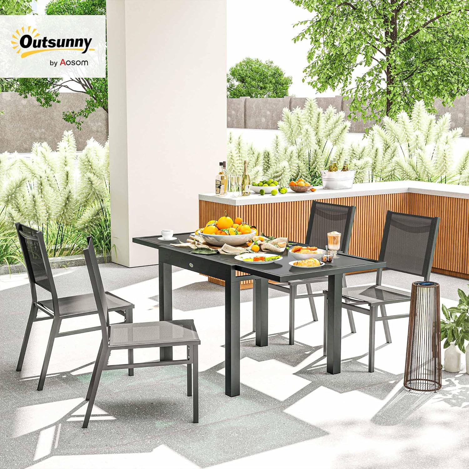 Outsunny - Table extensible jardin - 160x80x75 cm - verre noir, alu gris