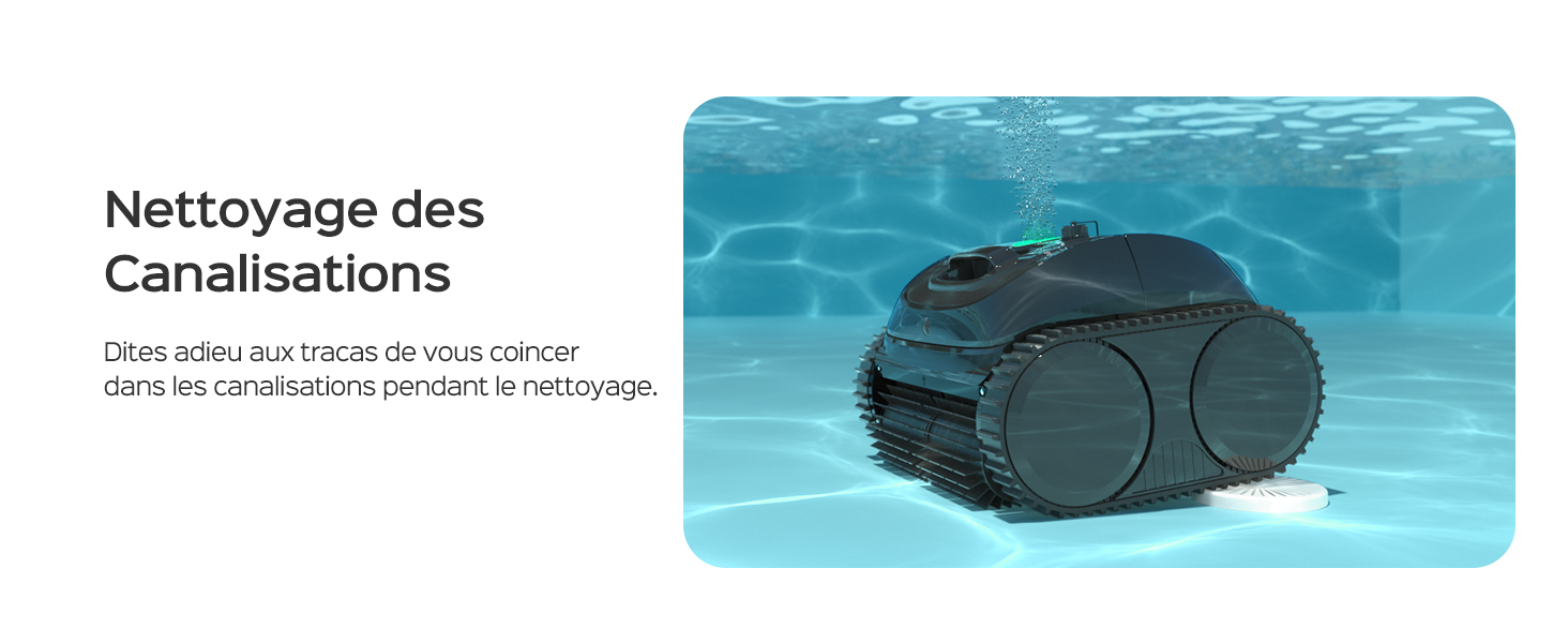 immergé sous l'eau. Texte « Nettoyage des Canalisations » ci-dessus. L'appareil a une forme arrondie avec deux composants circulaires visibles sur le dessus.