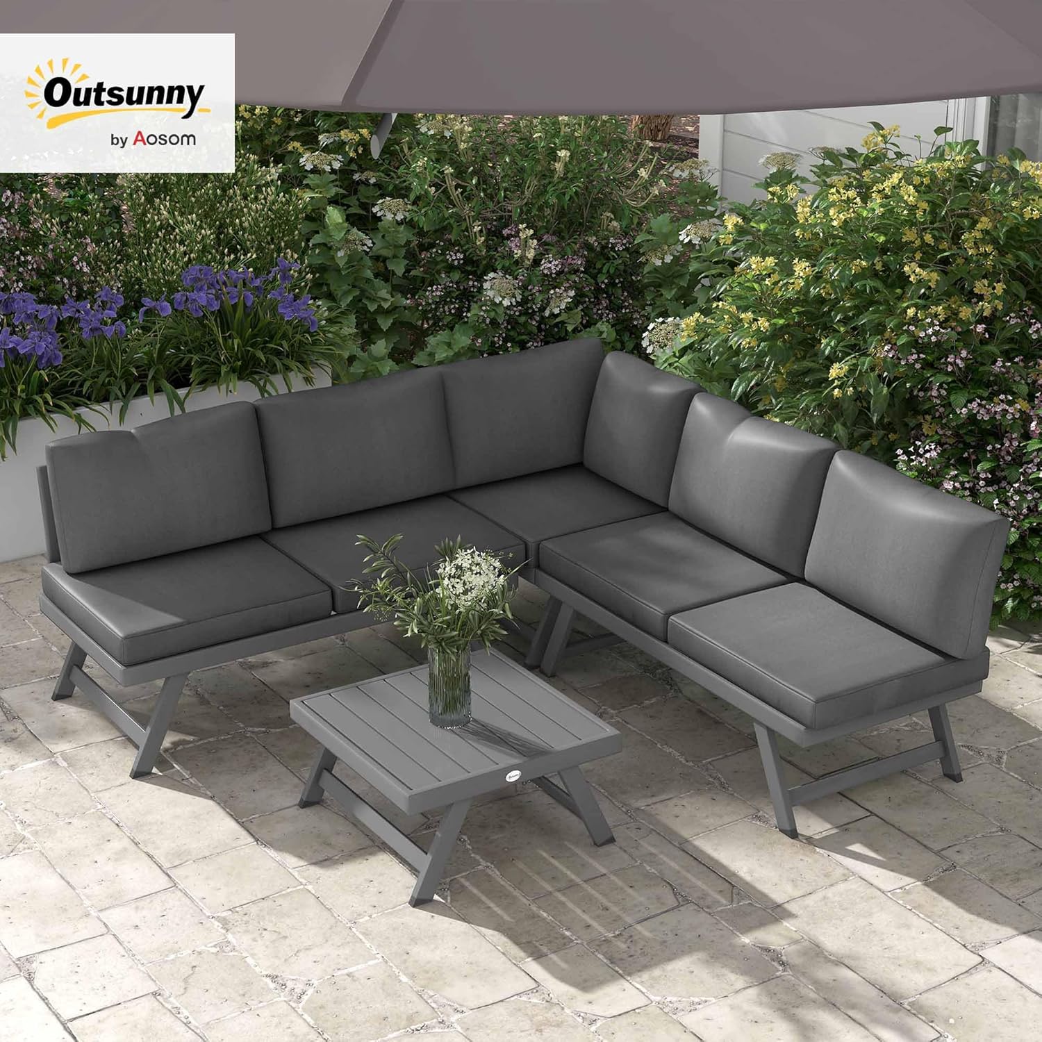 Outsunny - Salon de jardin d’angle 4 places, alu/acier, banquettes, table basse, gris
