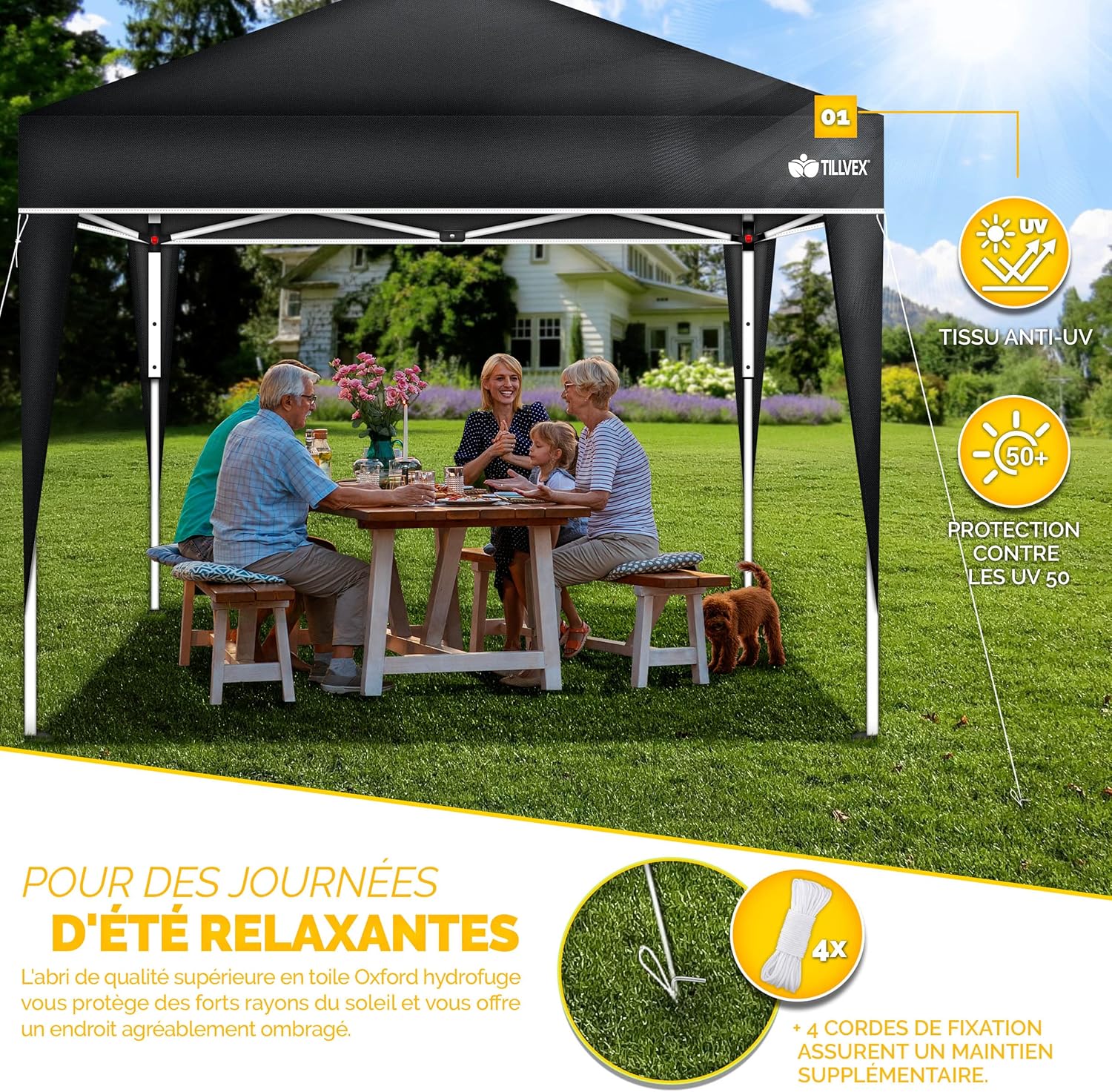 tillvex - tonnelle pliante 3x3m - réglable, UV 50+, sac transport