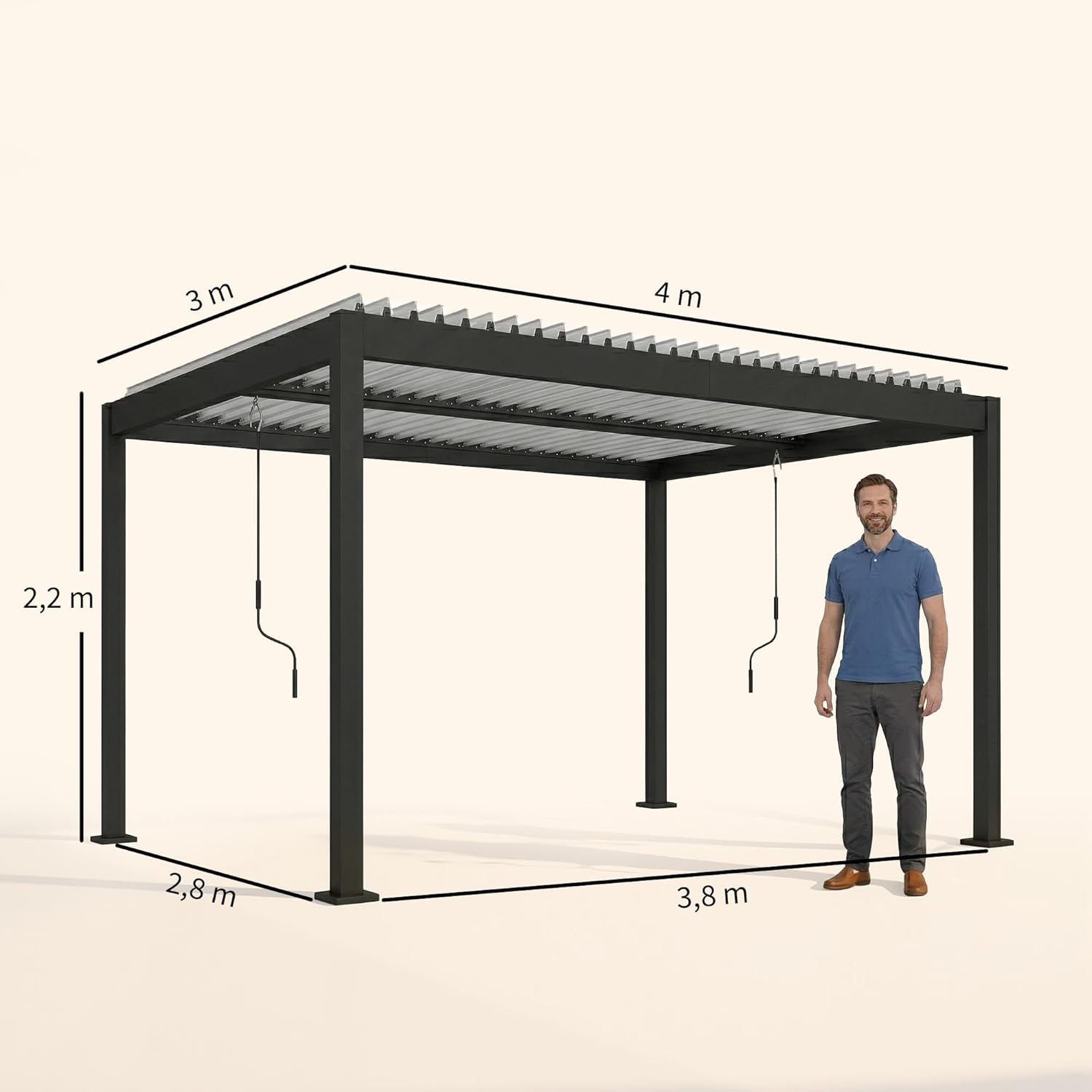 Outsunny - Pergola Bioclimatique - 4x3m - alu blanc, toit lames orientables, manivelle