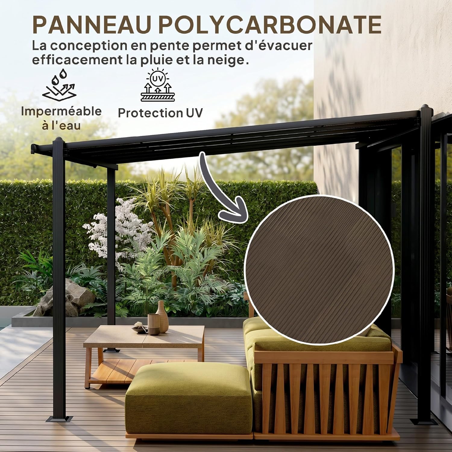 Outsunny - Pergola adossée aluminium - 3x3m - toit polycarbonate, drainage, UPF30+, gris