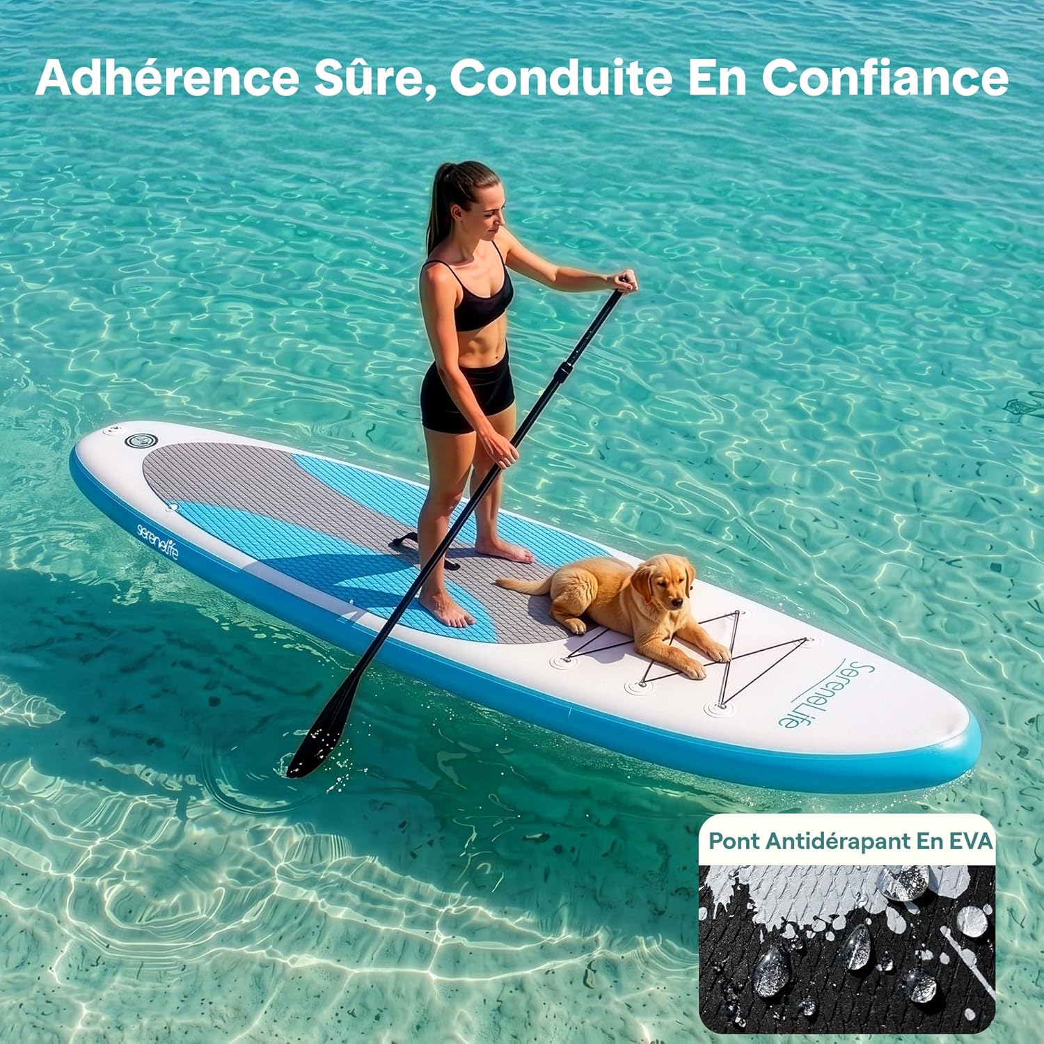 SereneLife Stand Up Paddle Gonflable Adulte 6” – Planche de Paddle avec Accessoires Sup, Sac de Transport, Pont Antidérapant, pour Mer, Lac, Rivière