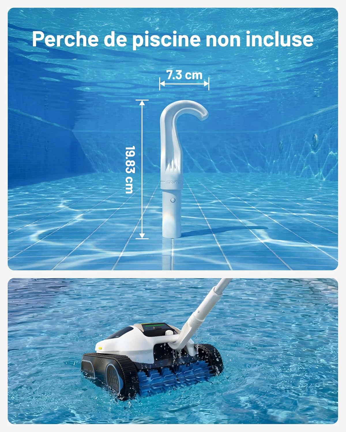 SPINO E1 Robot Piscine Fond et Parois, Ligne d'eau, Autonomie de 210 Min, Aspiration Puissante 21950 LPH Max, 5 Modes, Navigation Trajet SmartArc, App, Piscines 150㎡, 1 Panier Filtrant Inclus