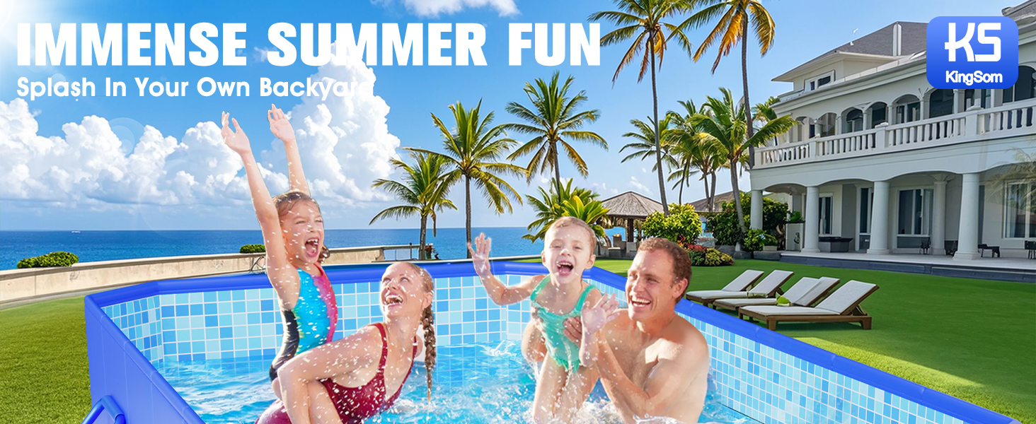 Le texte indique « UN IMMENSE PLAISIR ESTIVAL » et « Rassemblez-vous dans votre propre jardin ». L'image promotionnelle montre la famille dans la piscine d'une maison de luxe avec palmiers et vue sur l'océan.