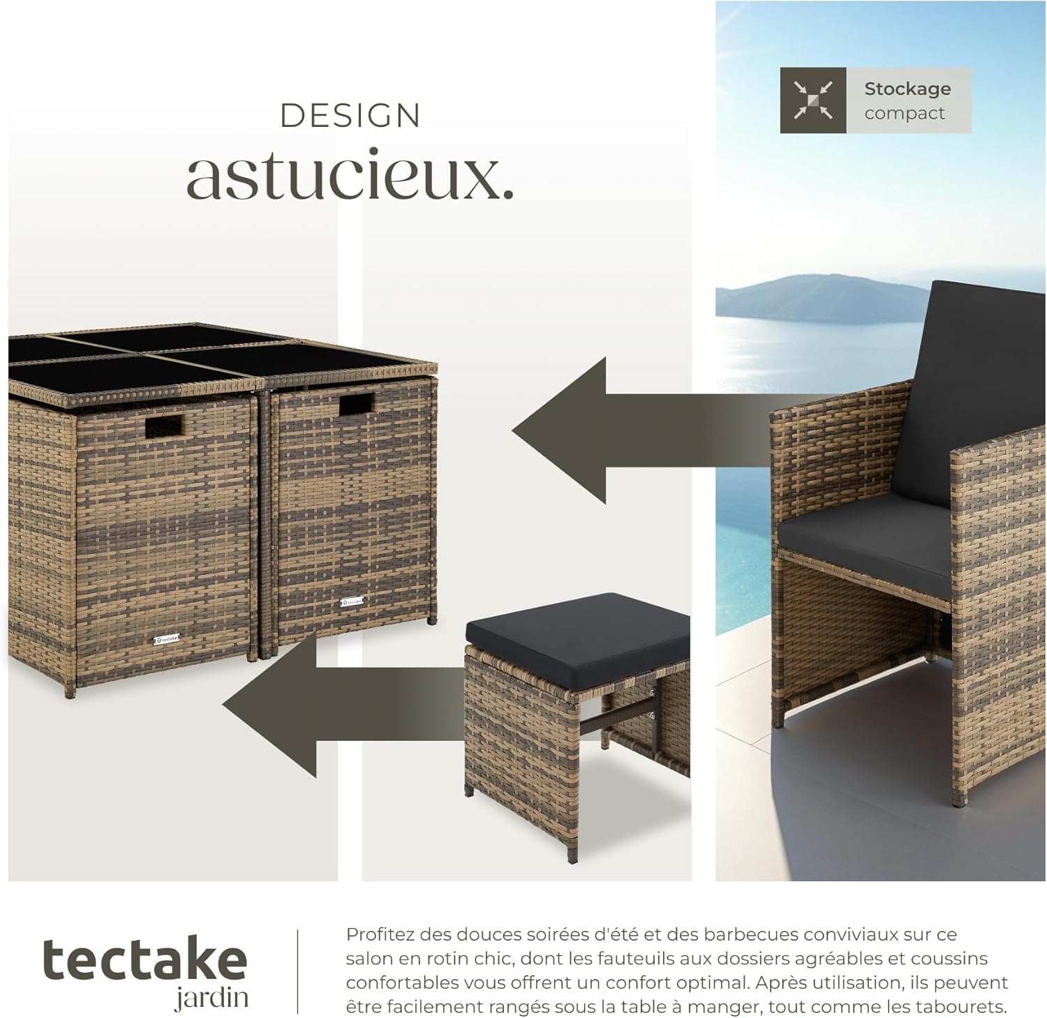 tectake - Salon de jardin polyrotin, 4 chaises, 4 tabourets, table, housse, marron