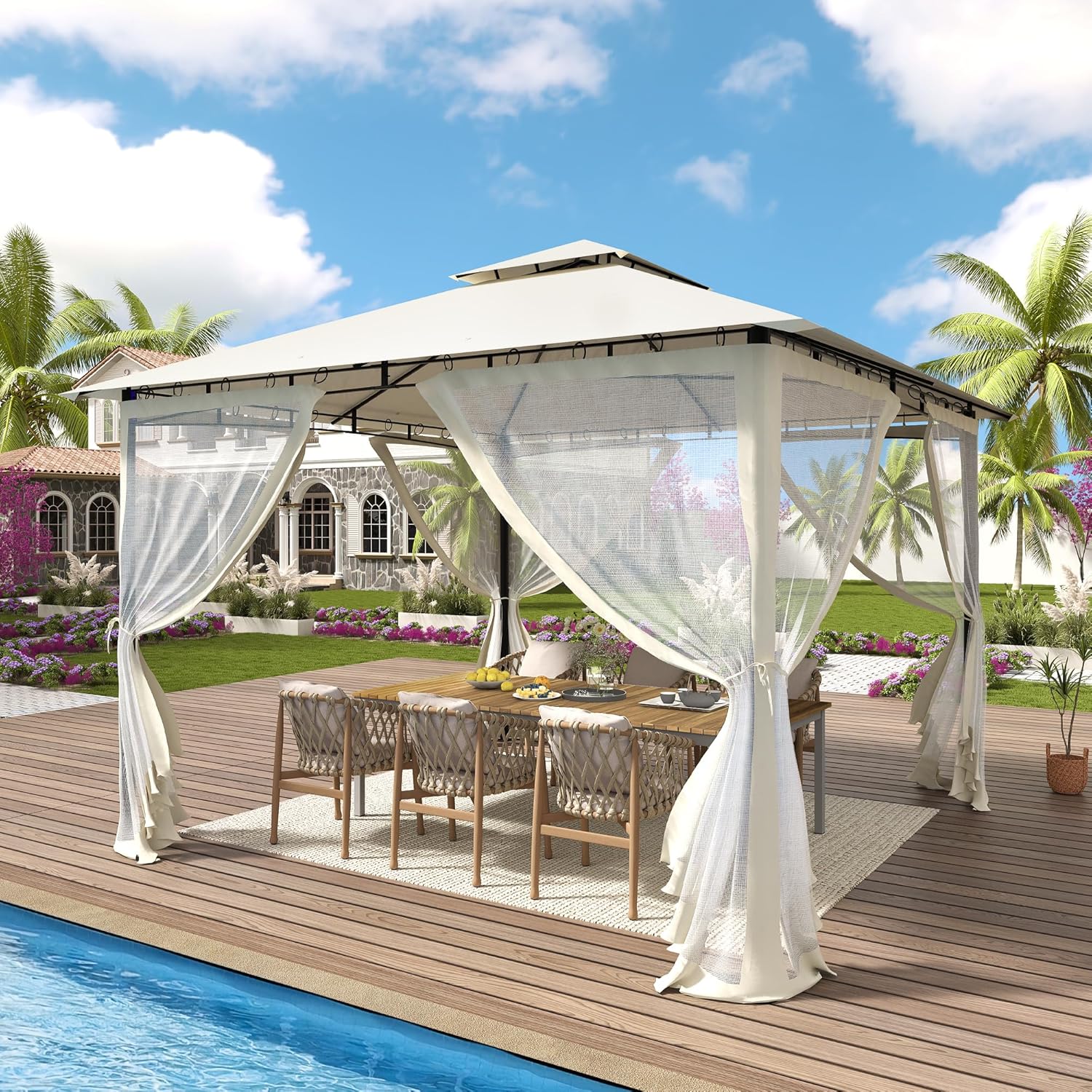 UDPATIO - tonnelle jardin série double toit - 2.8x2.8m - métal, moustiquaire, beige