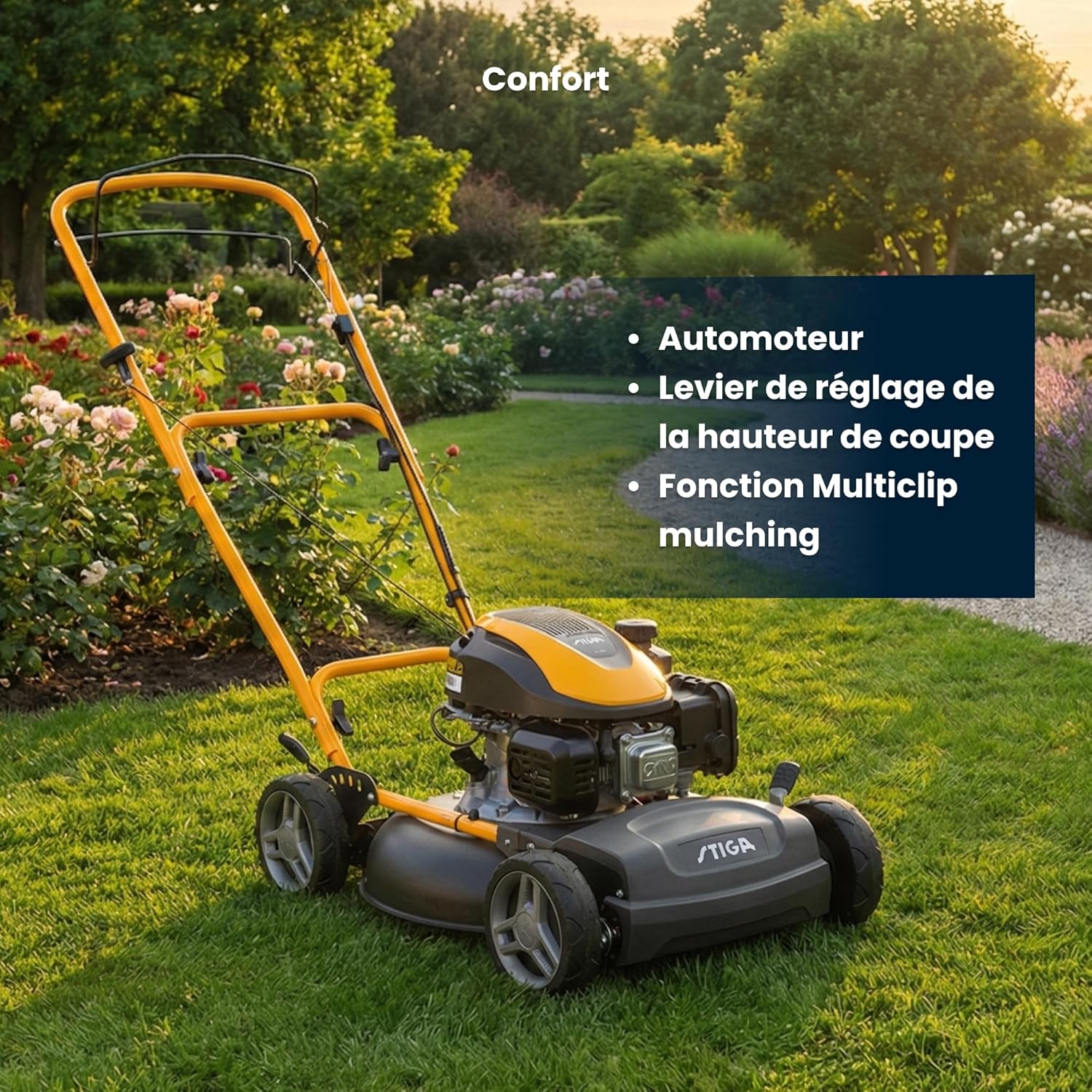 STIGA Multiclip 47 S Tondeuse à Essence, Tondeuse à Gazon broyeuse automotrice avec Moteur 123 CC, Plateau de Coupe 45 cm, 5 tondeuses Thermiques, Guidon Ergonomique Rabattable.