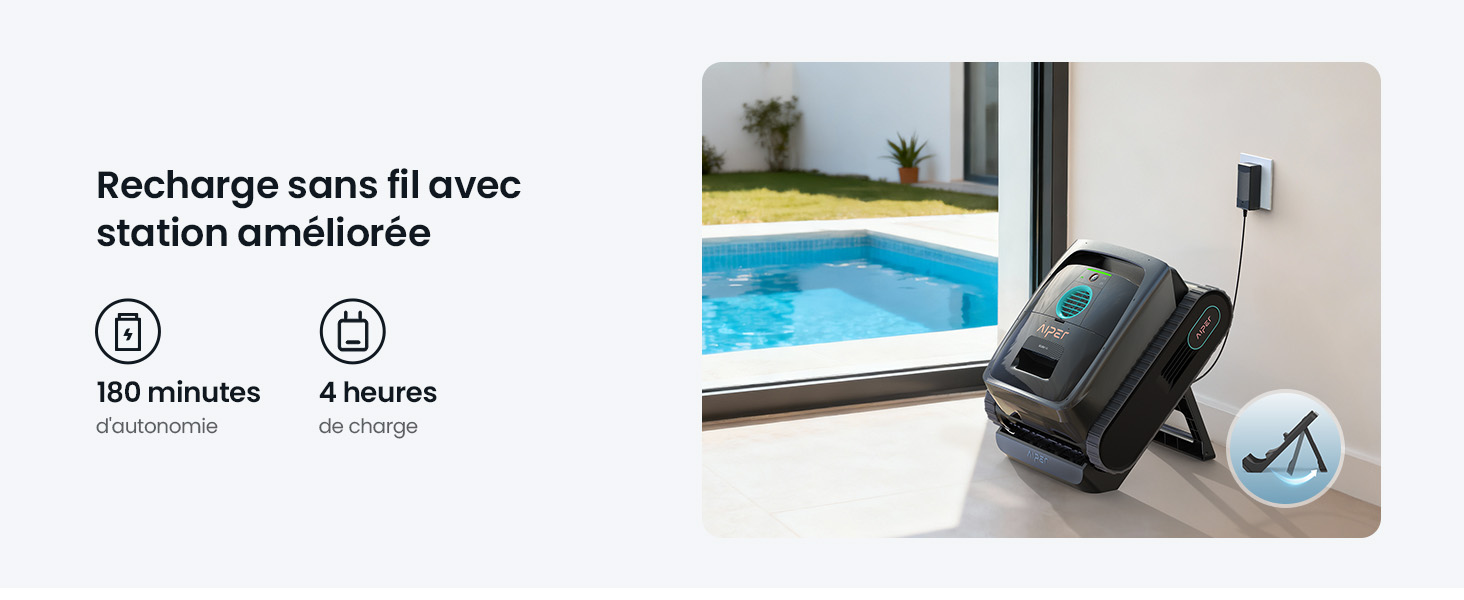 Le texte se lit comme suit : « Recharge sans fil avec station améliorée ». Images de démonstration du produit montrant le processus de charge avec des icônes indiquant 360 minutes et 4 heures.
