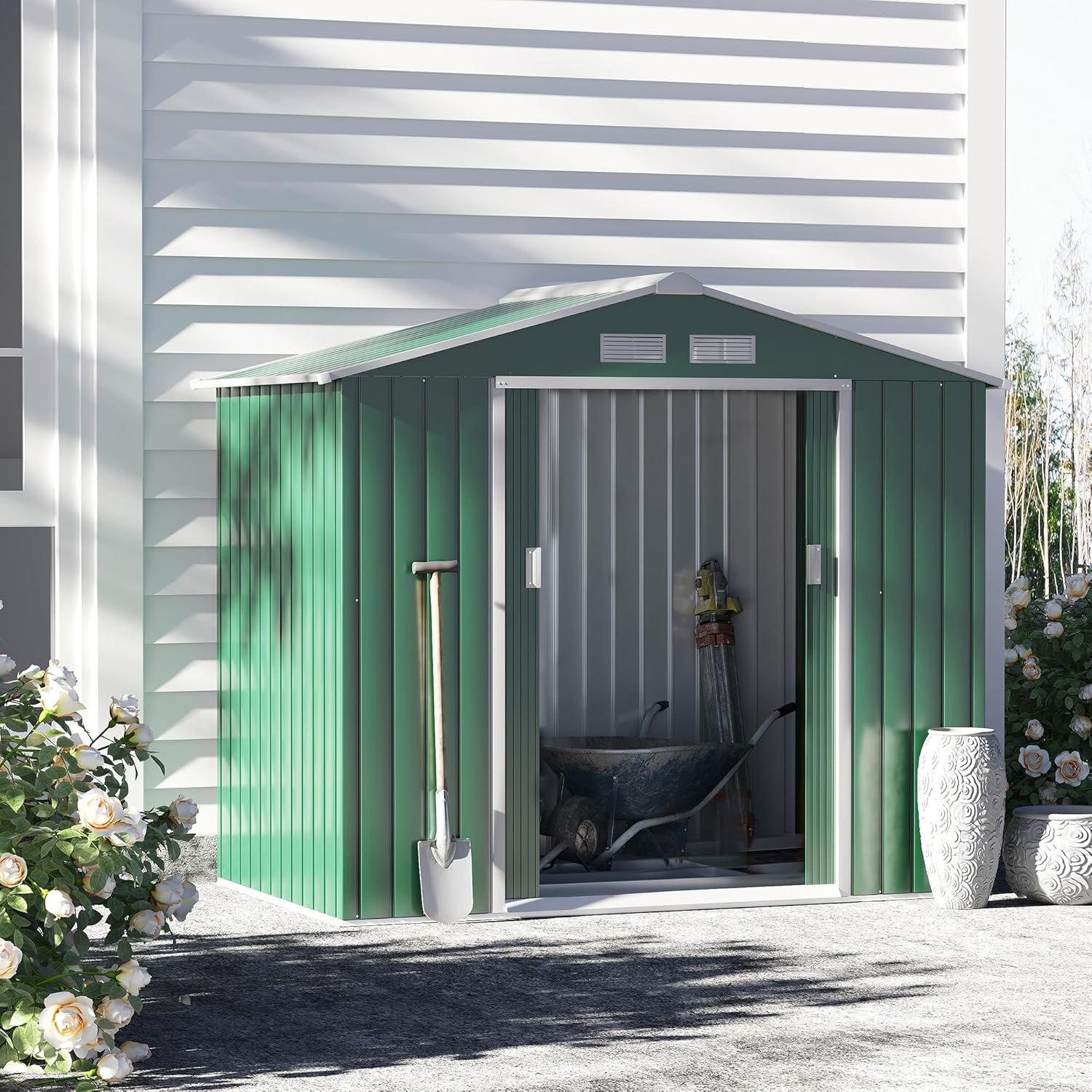 Outsunny Abri de Jardin en métal 2,77 m² cabane de Jardin 213 x 130 x 185 cm cabanon Rangement Outils avec kit de Fondation, Porte coulissante verrouillables et 4 aérations - Vert