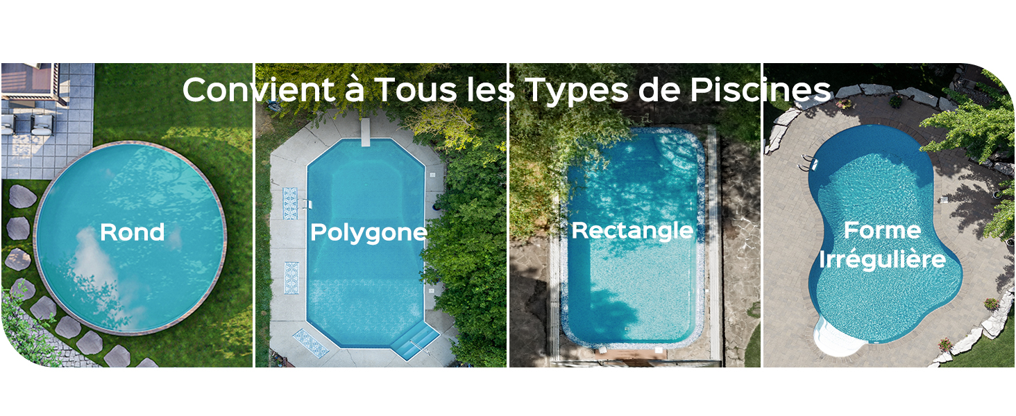 présentant quatre types de piscines : rondes, polygonales, rectangulaires et de forme libre. Chaque type est illustré par une image aérienne.
