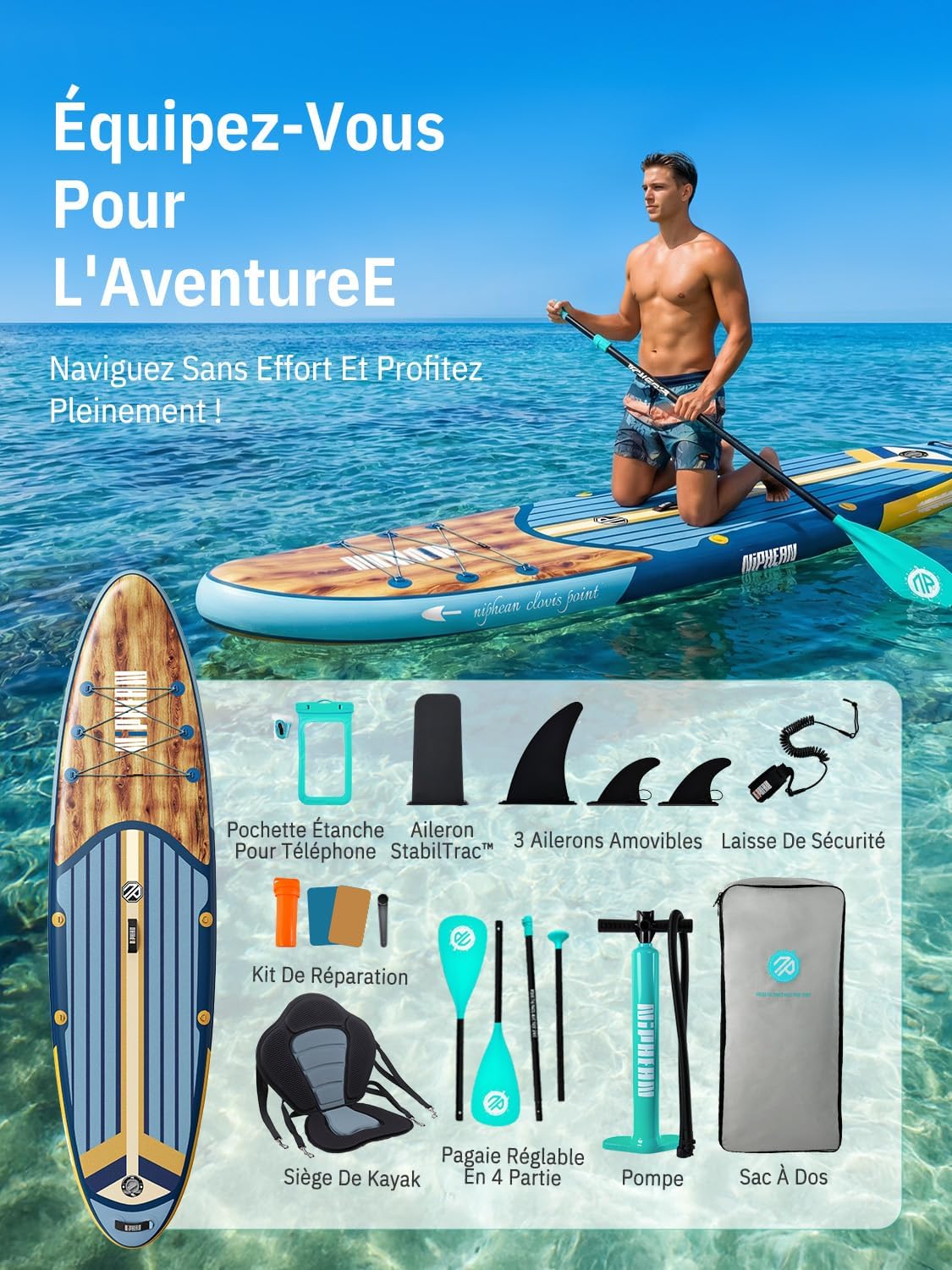 Niphean - Paddle gonflable adulte 320cm, 200kg, siège inclus