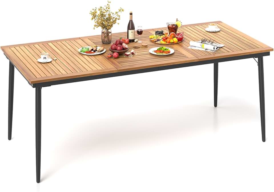 GOPLUS - Table de jardin 8 personnes - 190x90cm - bois acacia, trou parasol 5cm, pieds métal, charge 75kg