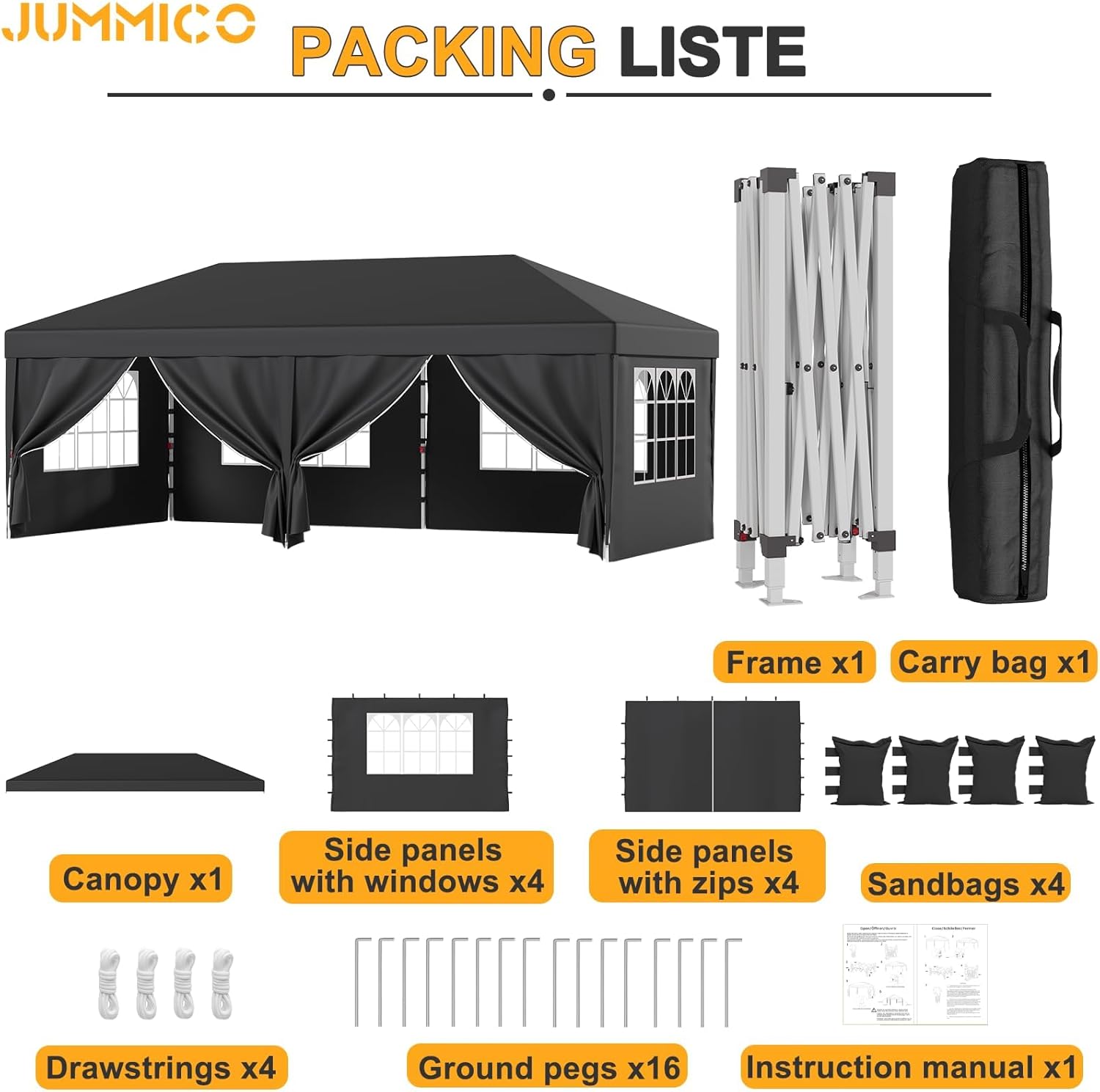 JUMMICO - tonnelle pliante 3x6m - imperméable, hauteur réglable, toile épaisse, structure robuste