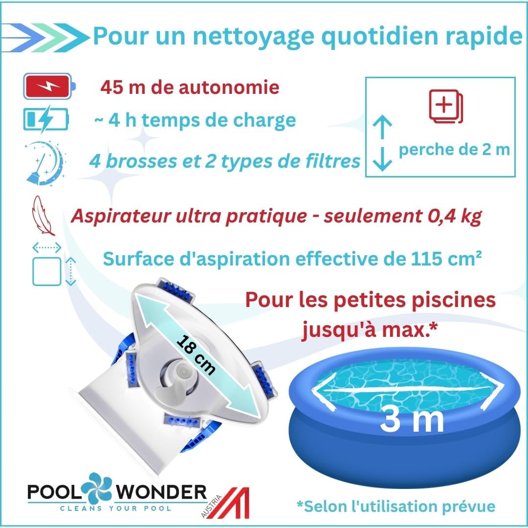 Poolwonder - Cleverix série - 2 m - aspirateur piscine batterie, super maniable