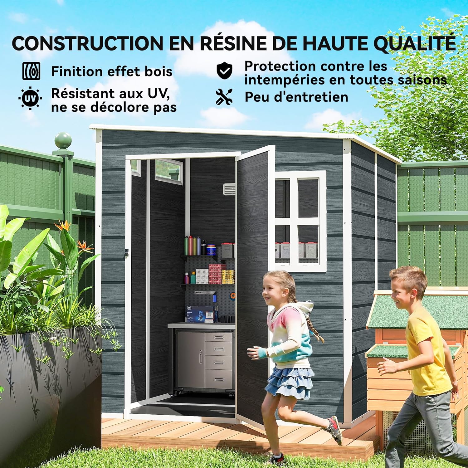 Outsunny - abri jardin résine, 3,3m², alu, plancher, fenêtres, 182x182x183cm