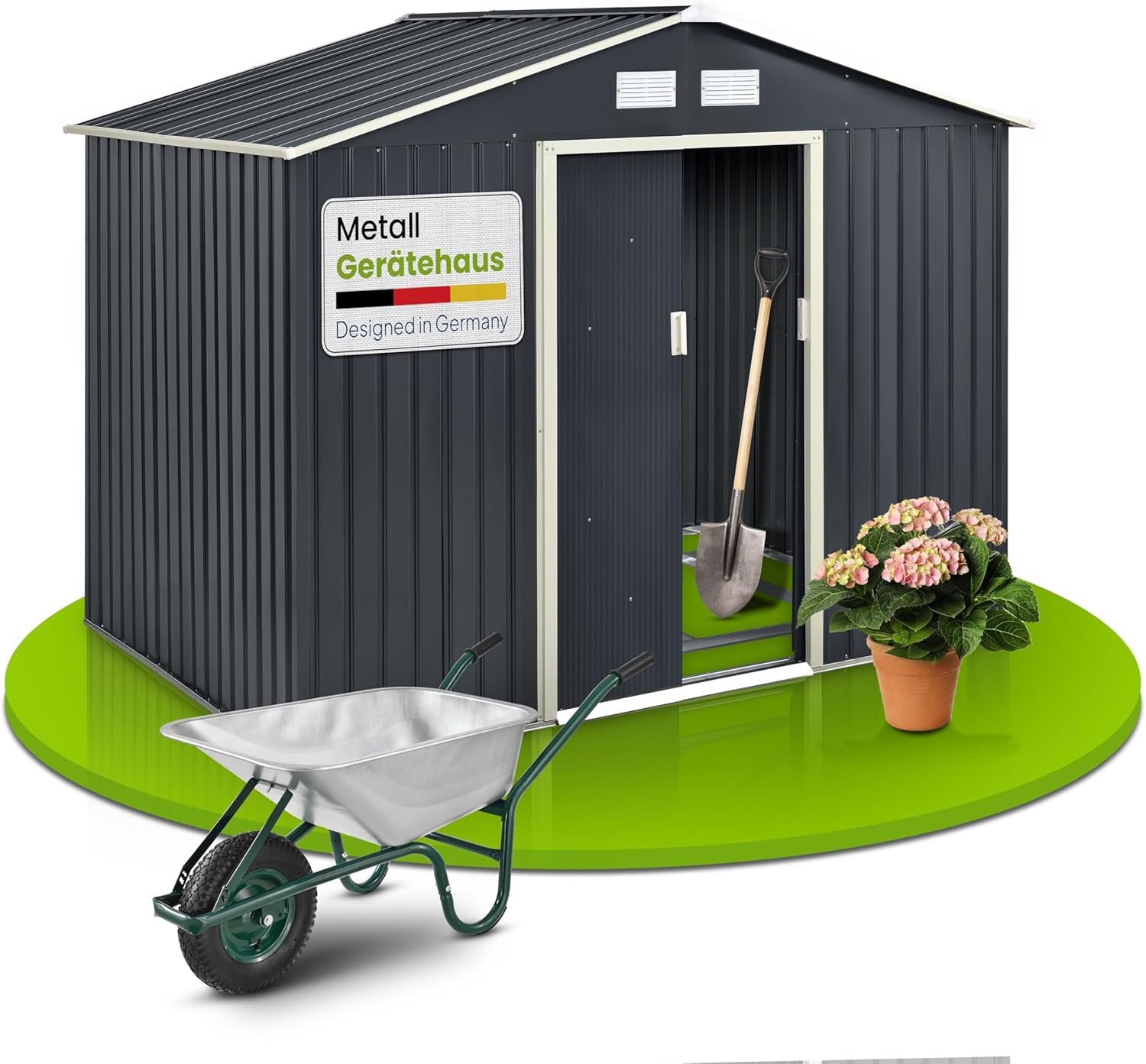 Juskys - Abri à Outils XL - 277x191x192cm - métal, porte coulissante, toit incliné