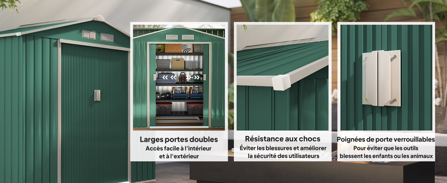 Série d'images montrant des unités industrielles ou de stockage vertes dotées de portes roulantes, d'une charpente métallique et de divers détails architecturaux.