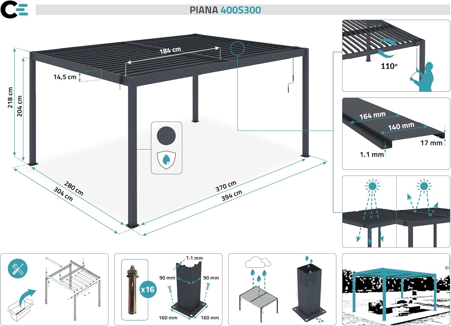 Cazeboo - Piana pergola bioclimatique 4x3m alu lames orientables, rotation 110°, vent 70km/h