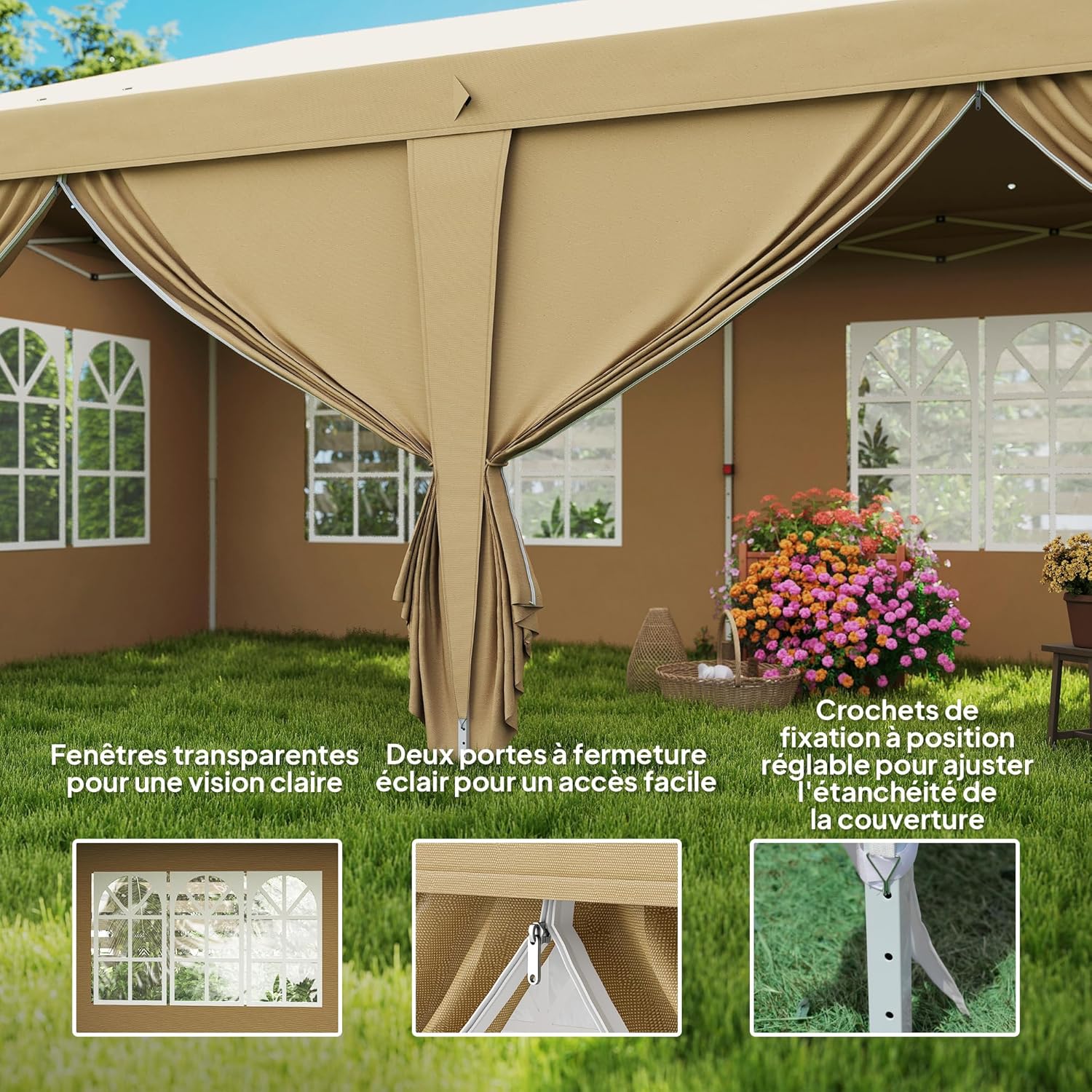 Outsunny Tonnelle de Jardin 3x6m Barnum Pliant avec Côtés Amovibles - Tente de Réception Structure en Acier Renforcée - Abri de Jardin Pop-up pour Mariage, Fête et Marché, Sac de Transport, Kaki