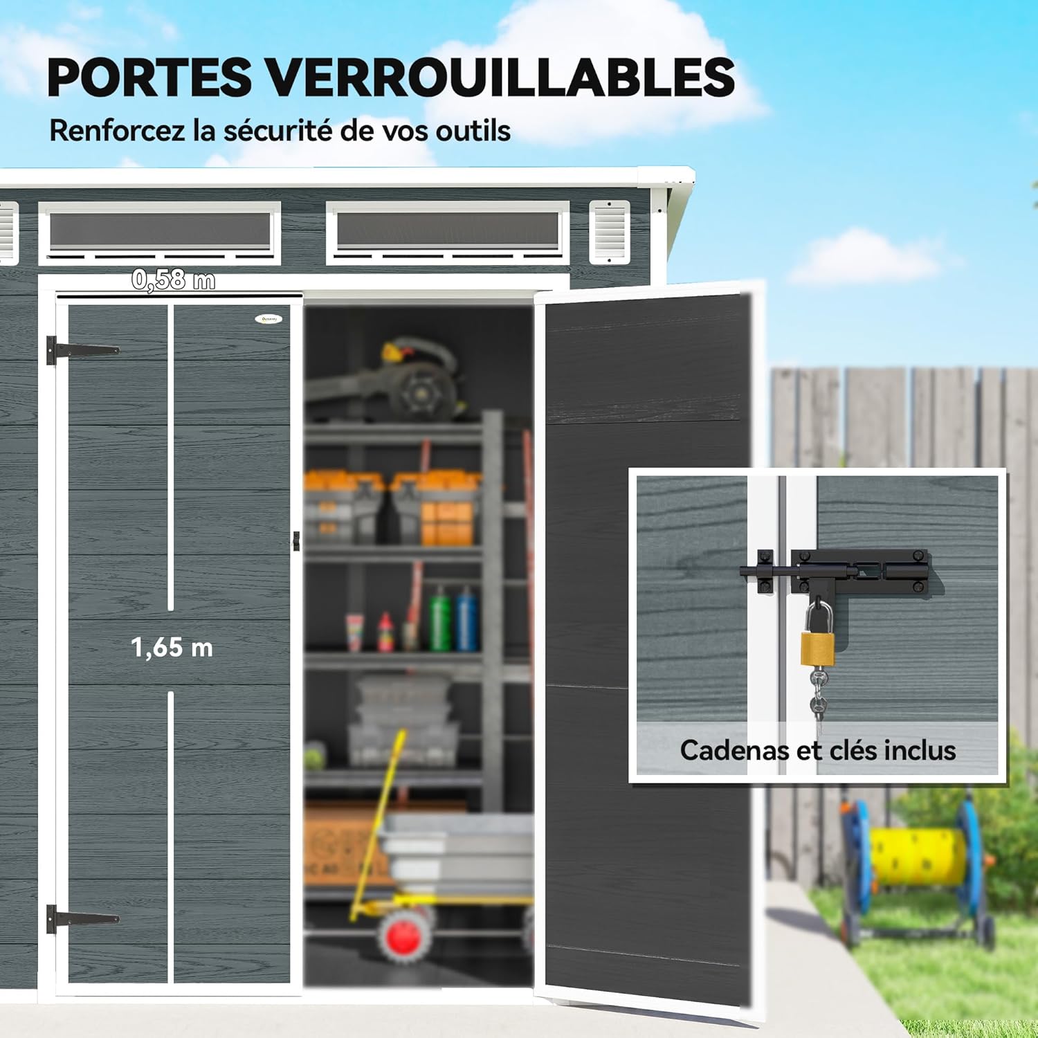 Outsunny - abri de jardin résine 3,3m² double porte, fenêtres, plancher