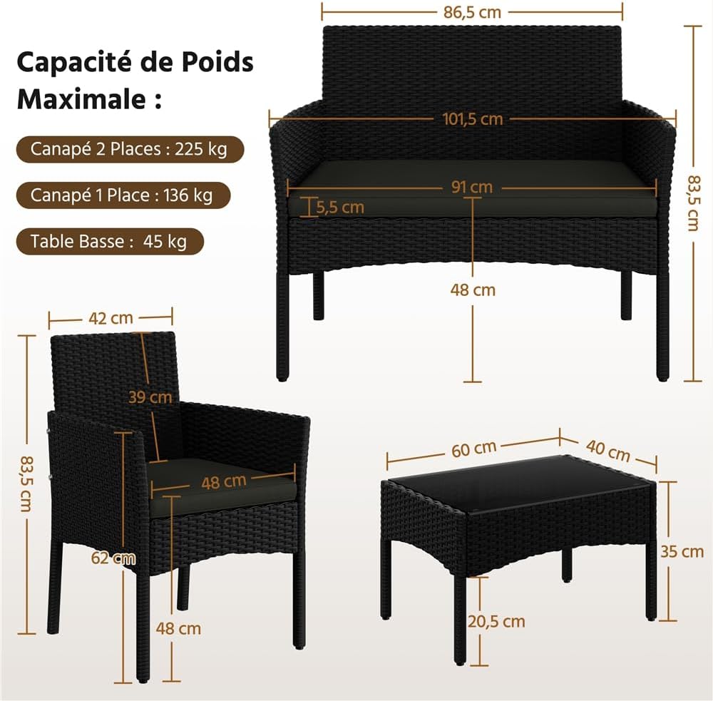 Yaheetech - Salon de jardin 4 places - polyrotin métal, coussins, canapé, fauteuils, table, extérieur