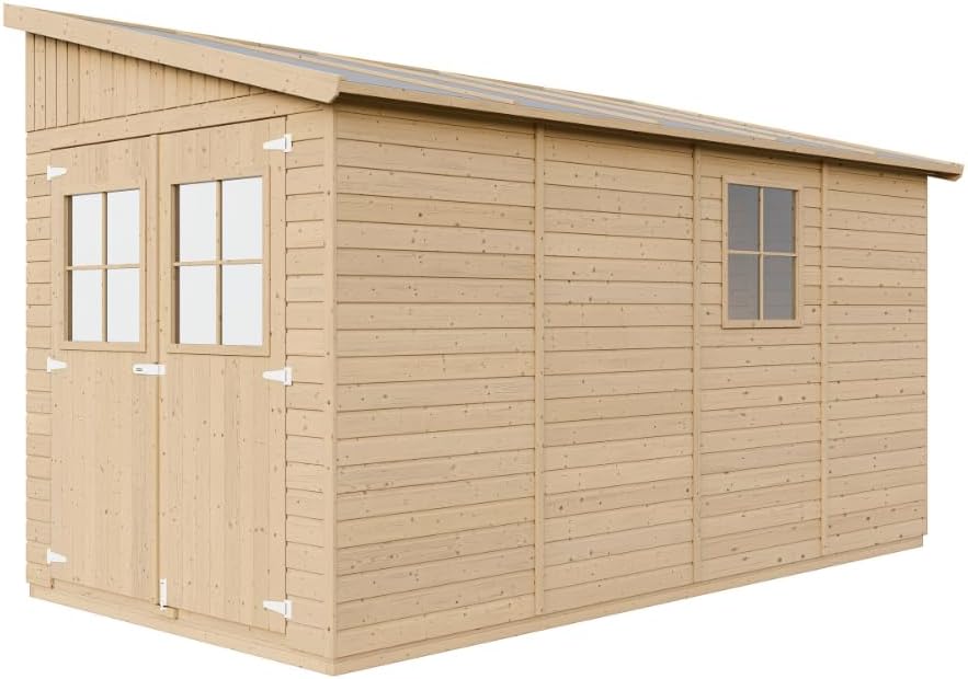TIMBELA M340+M340G Abri de Jardin en Bois Naturel (sans paroi latérale) Plus Les PLANCHERS IMPRÉGNÉ- Stockage extérieur avec fenêtres- H243x216x416 cm/8 m2 - Atelier Rangement Outils et vélos